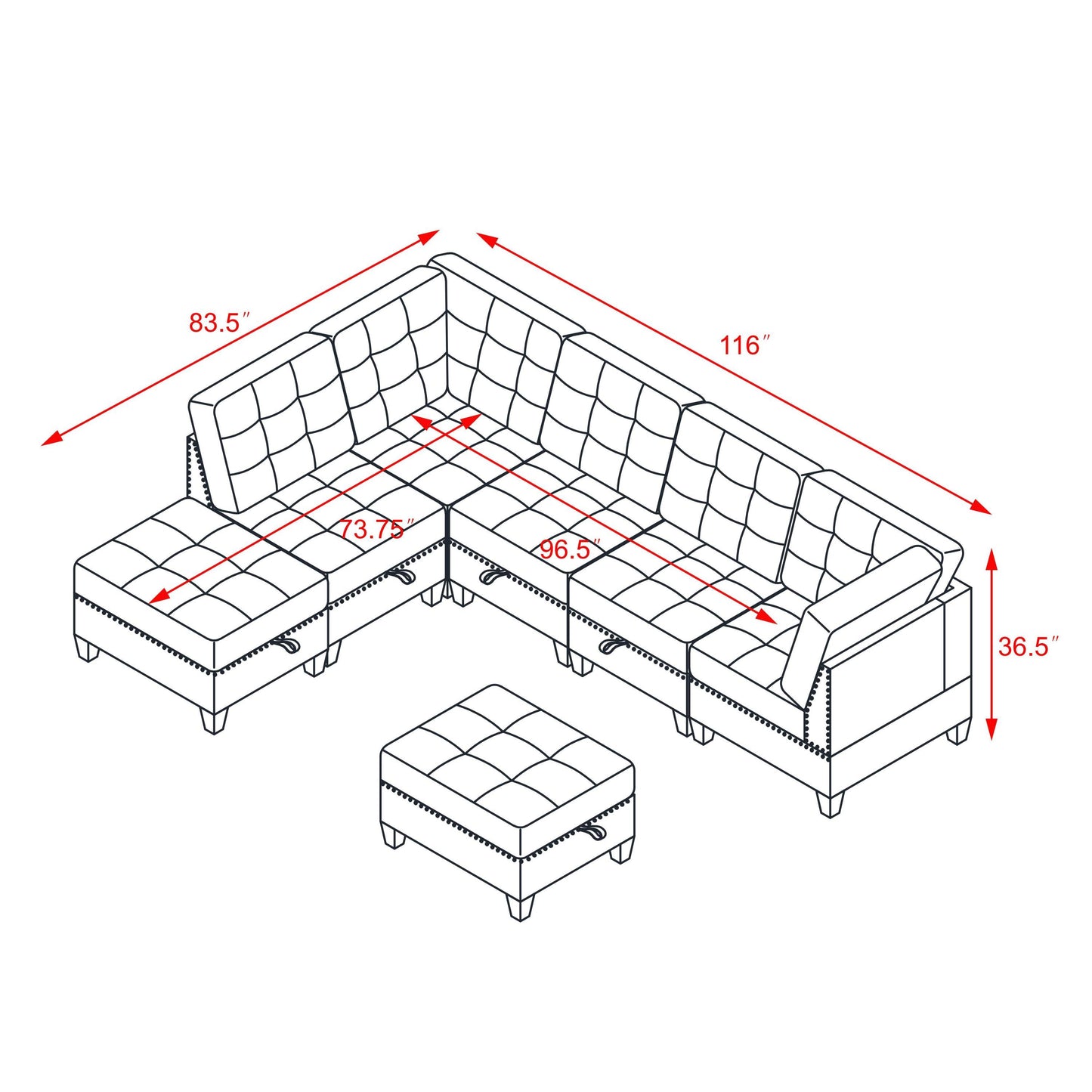 Customizable Black Velvet Sectional Sofa with Storage Space and DIY Assembly