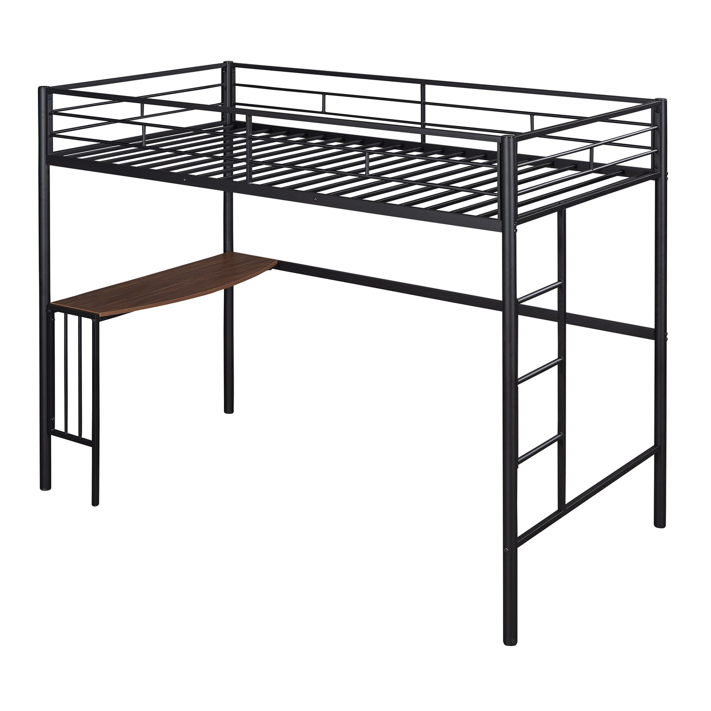 Black Metal Loft Bed with Built-in Study Desk, Ladder, and Guardrails for Twin Size Mattress