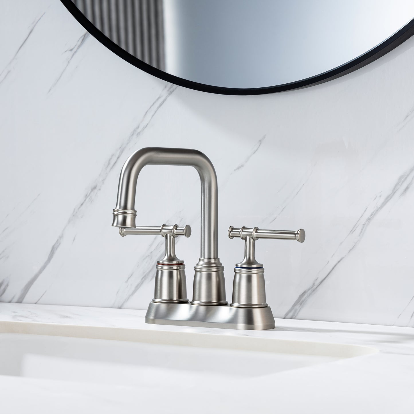 Elegant Brushed Nickel Bathroom Faucet with Dual Handles and Lift Rod Drain - Ideal for Lavatory Sink