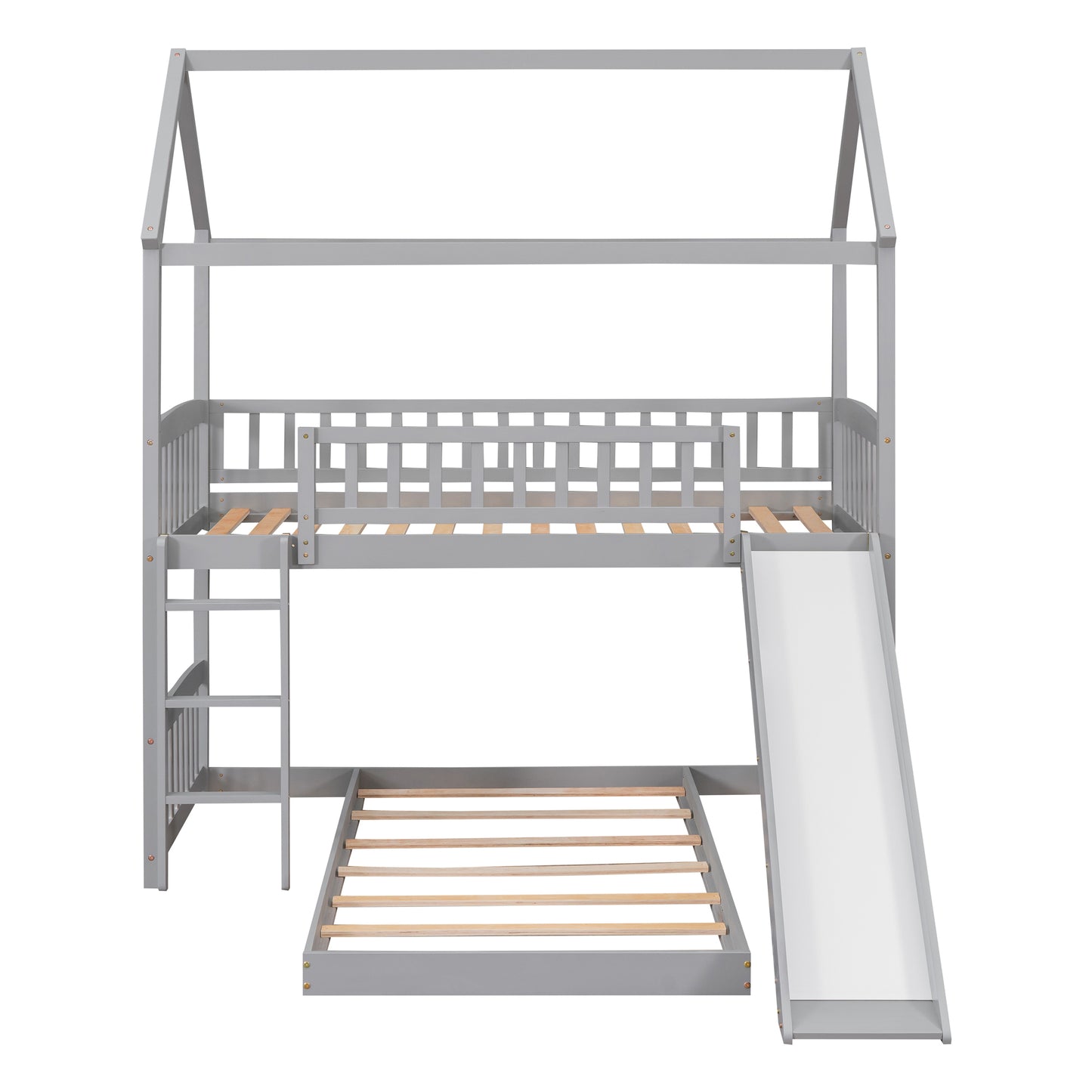 Gray Twin Bunk Bed with Slide and Playhouse Design for Maximized Space Saving