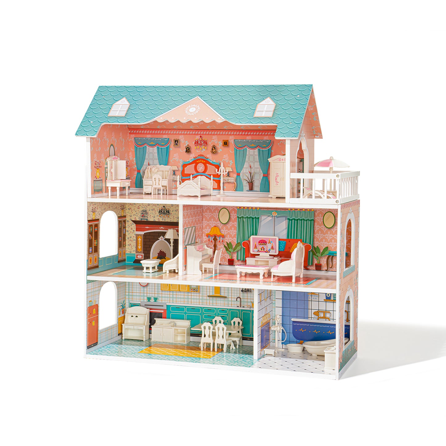 Colorful Modern Wooden Dollhouse with 28 Accessories for Kids 3+