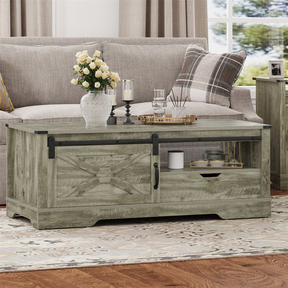 Light Gray Wood Barn Door Coffee Table with Storage and Sliding Door