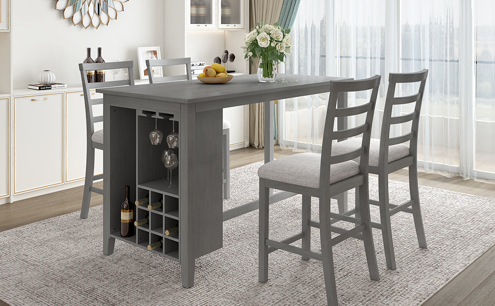 TREXM 5-Piece Multi-Functional Rubber Wood Counter Height Dining Set with Padded Chairs and Integrated 9 Bar Wine Compartment, Wineglass Holders for Dining Room (Gray)