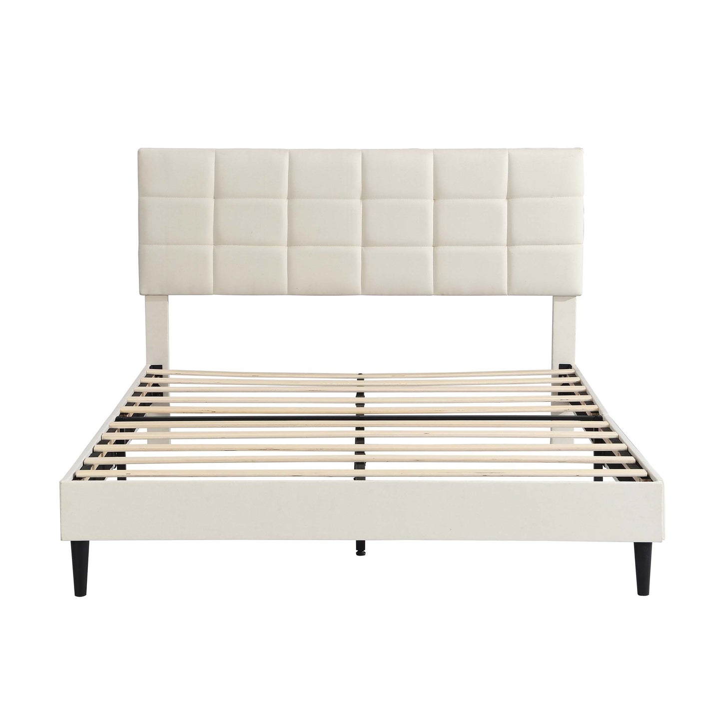 Queen Size Platform Bed Frame with Fabric Upholstered Headboard and Wooden Slats, No Box Spring Needed/Easy Assembly, Beige