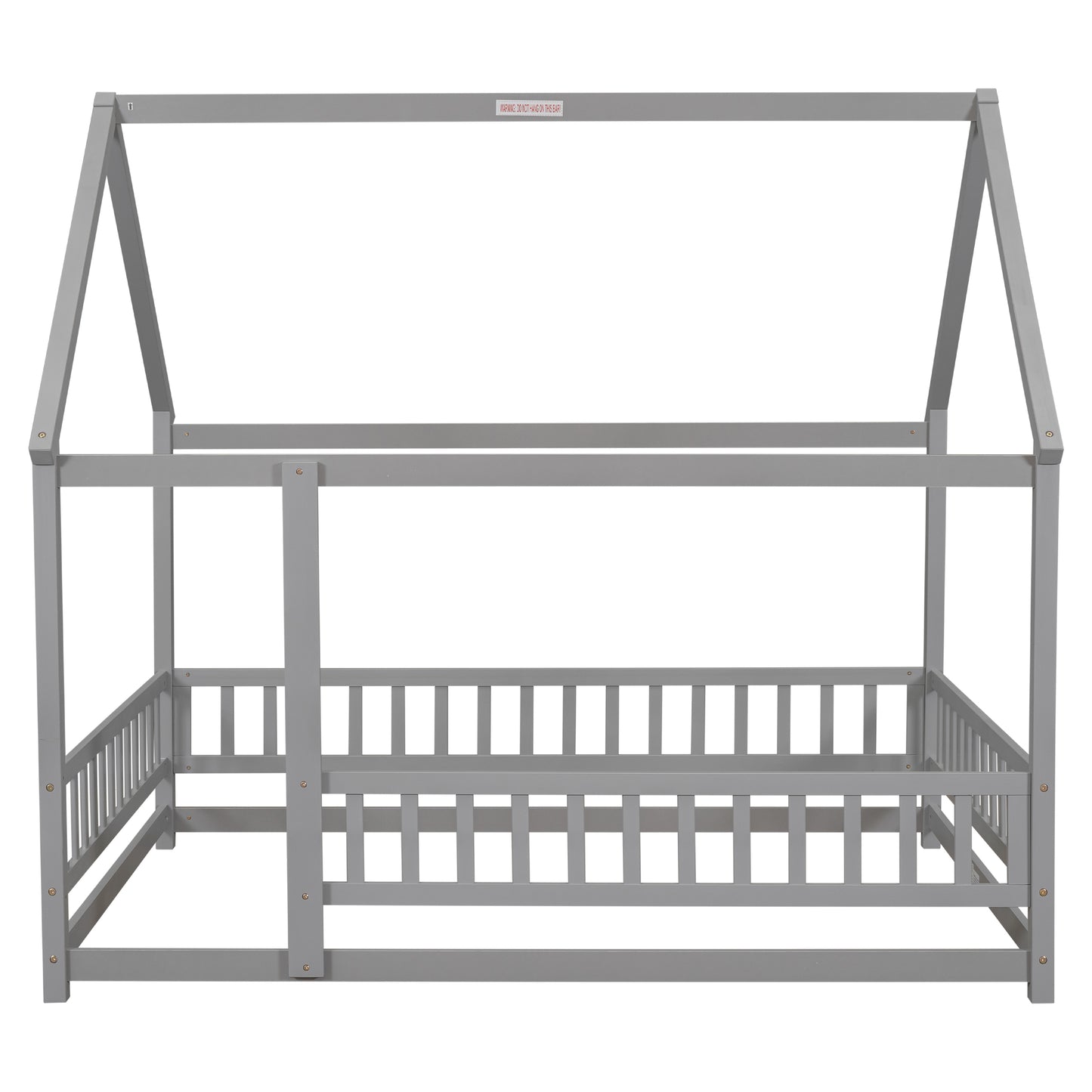 Full Size Floor Wooden Bed with House Roof Frame, Fence Guardrails ,Grey