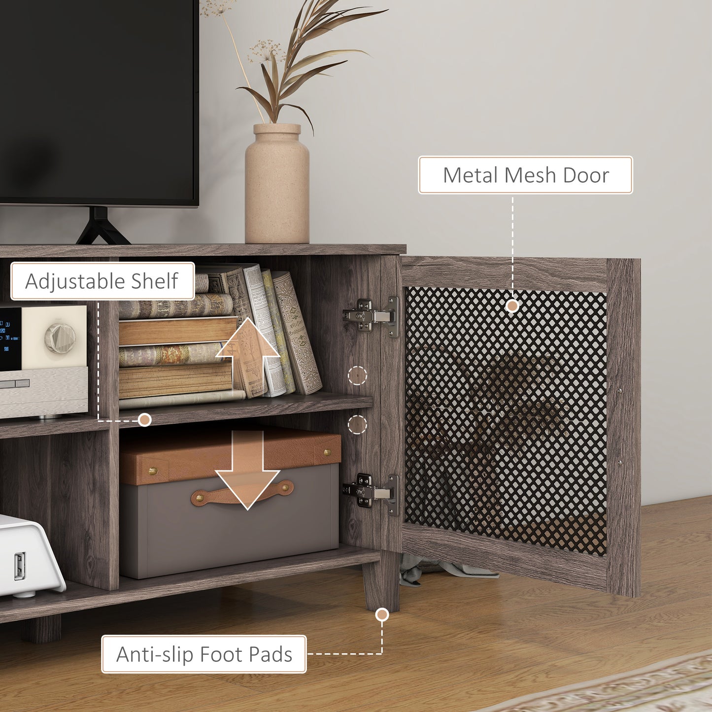 Industrial Entertainment Stand with Mesh Doors for TVs up to 65, Brown Wood Texture TV Cabinet