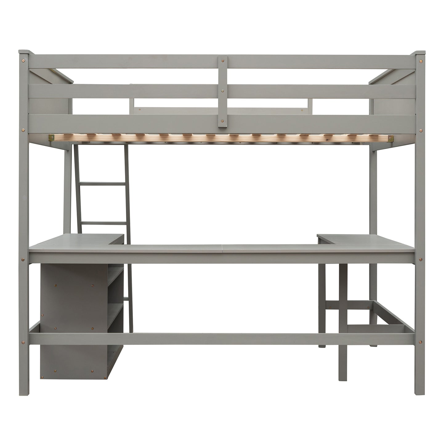 Full size Loft Bed with Shelves and Desk, Wooden Loft Bed with Desk - Gray