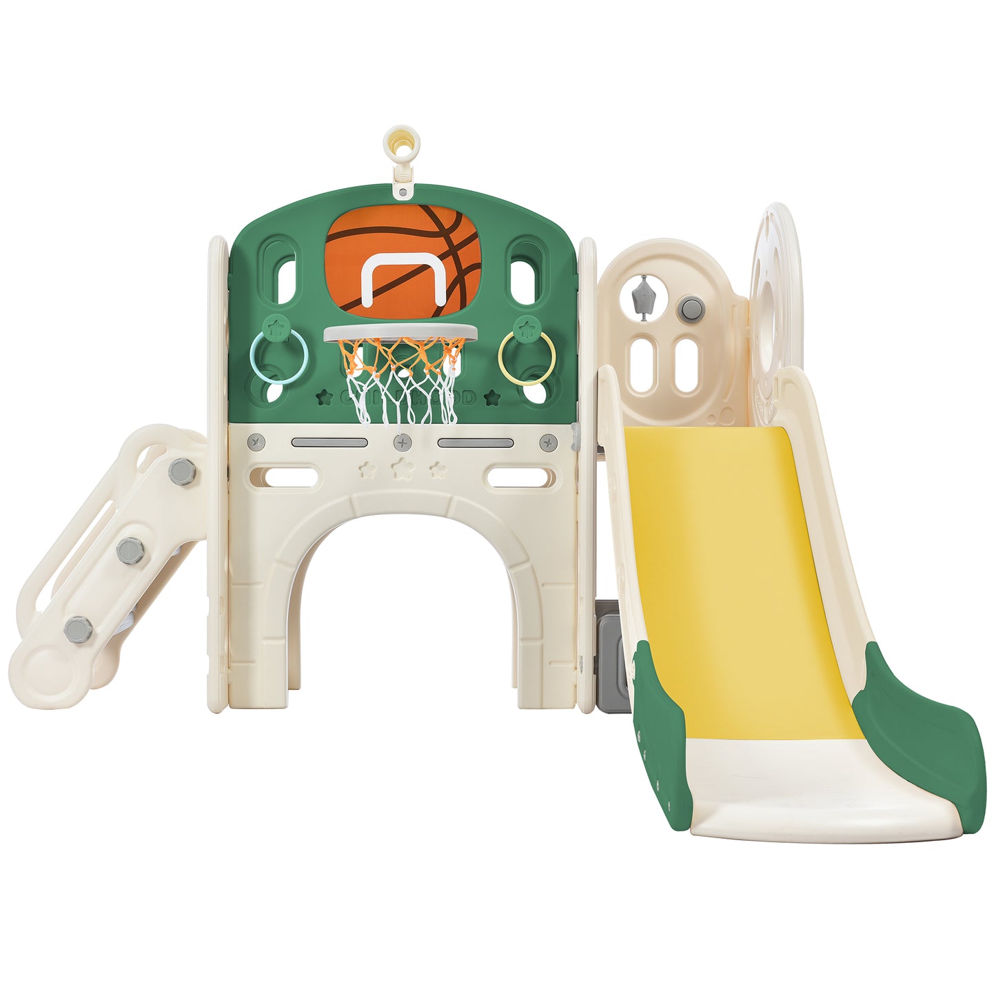 Kids Slide Playset Structure, Freestanding Castle Climbing Crawling Playhouse with Slide, Arch Tunnel, Ring Toss, and Basketball Hoop, Toy Storage Organizer for Toddlers, Kids Climbers Playground