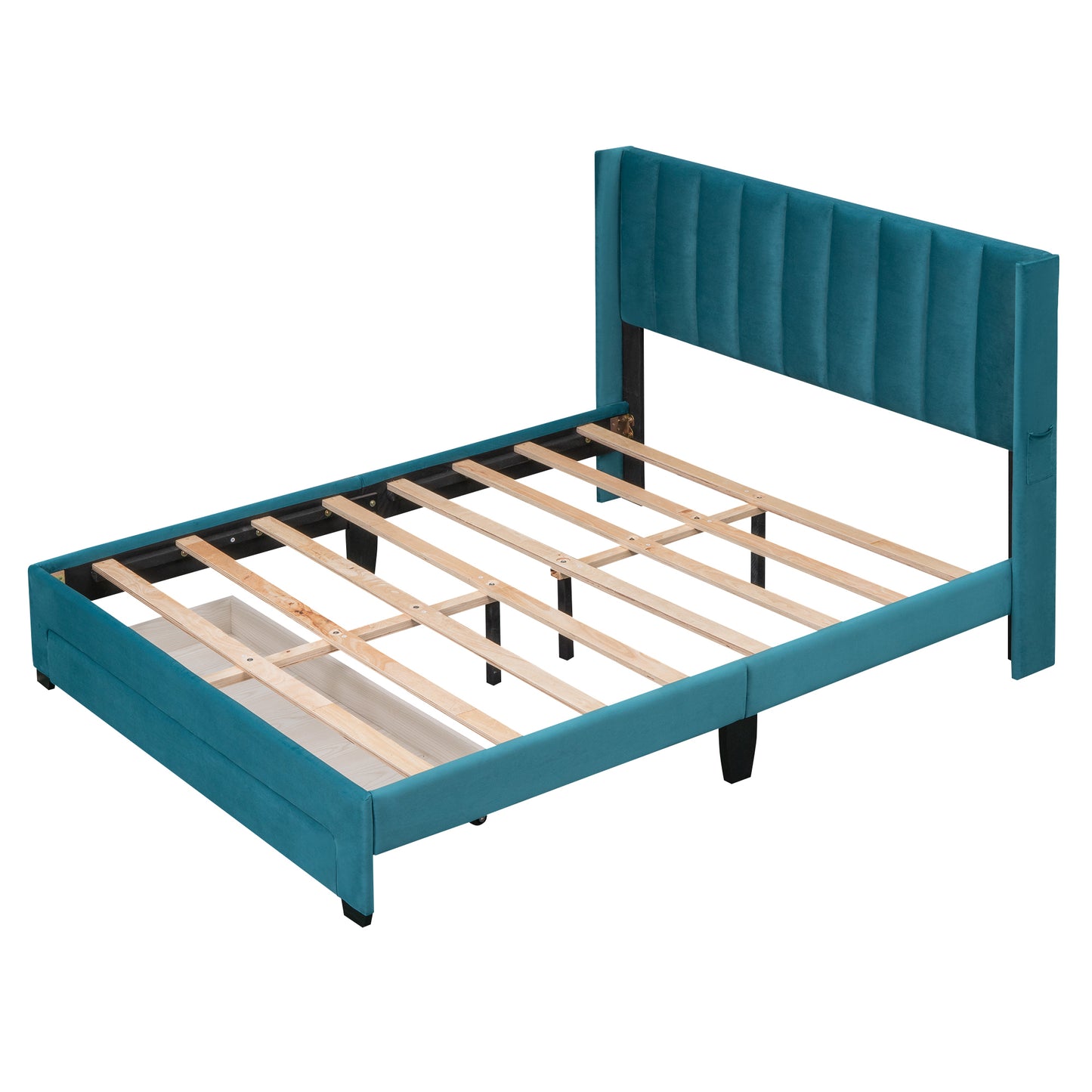 Queen Size Storage Bed Velvet Upholstered Platform Bed with a Big Drawer - Blue