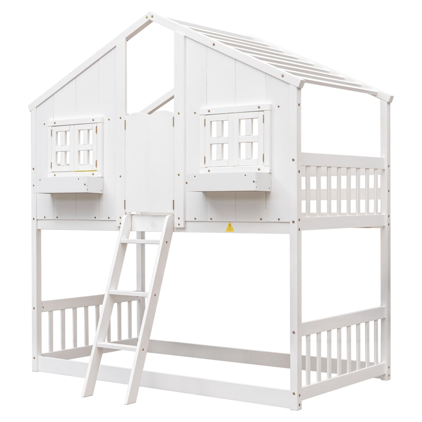 Cabin Inspired Kids' White Bunk Bed with Roof, Window, and Door