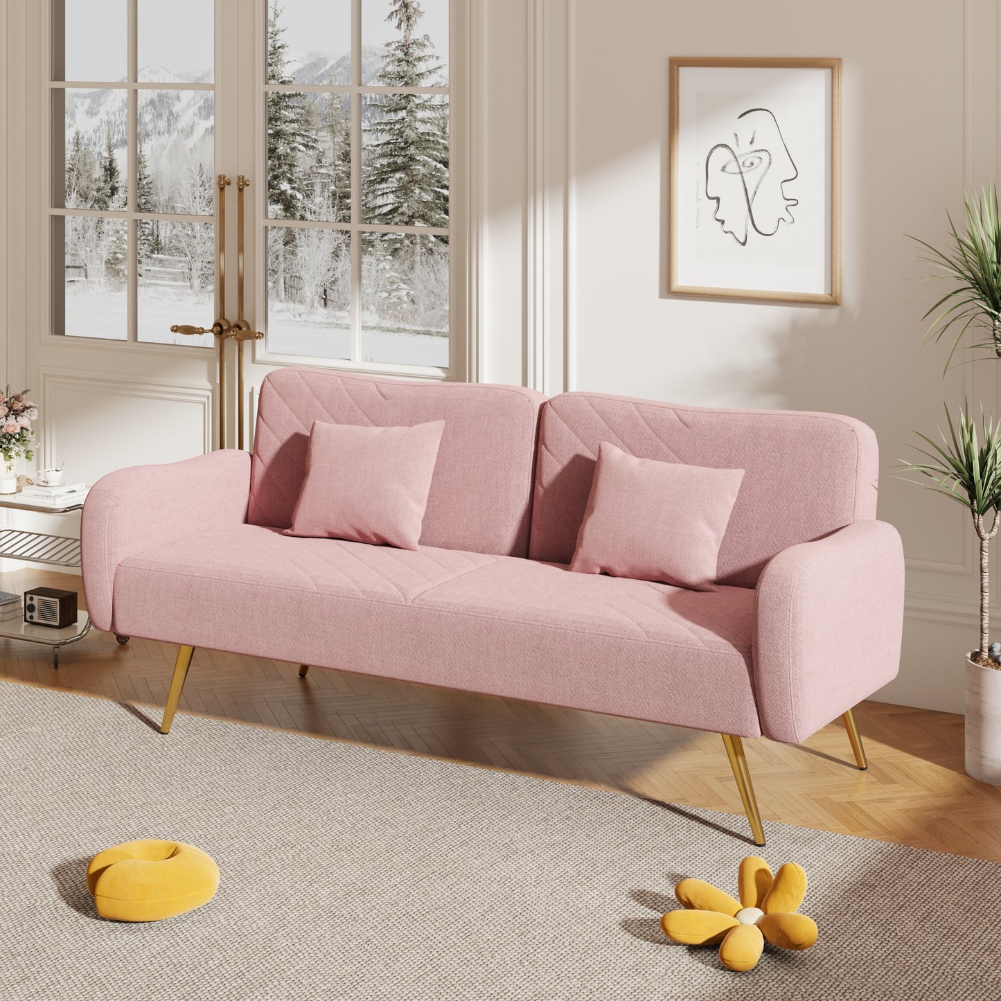 Pink Fabric Double Sofa with Adjustable Split Backrest and Two Throw Pillows