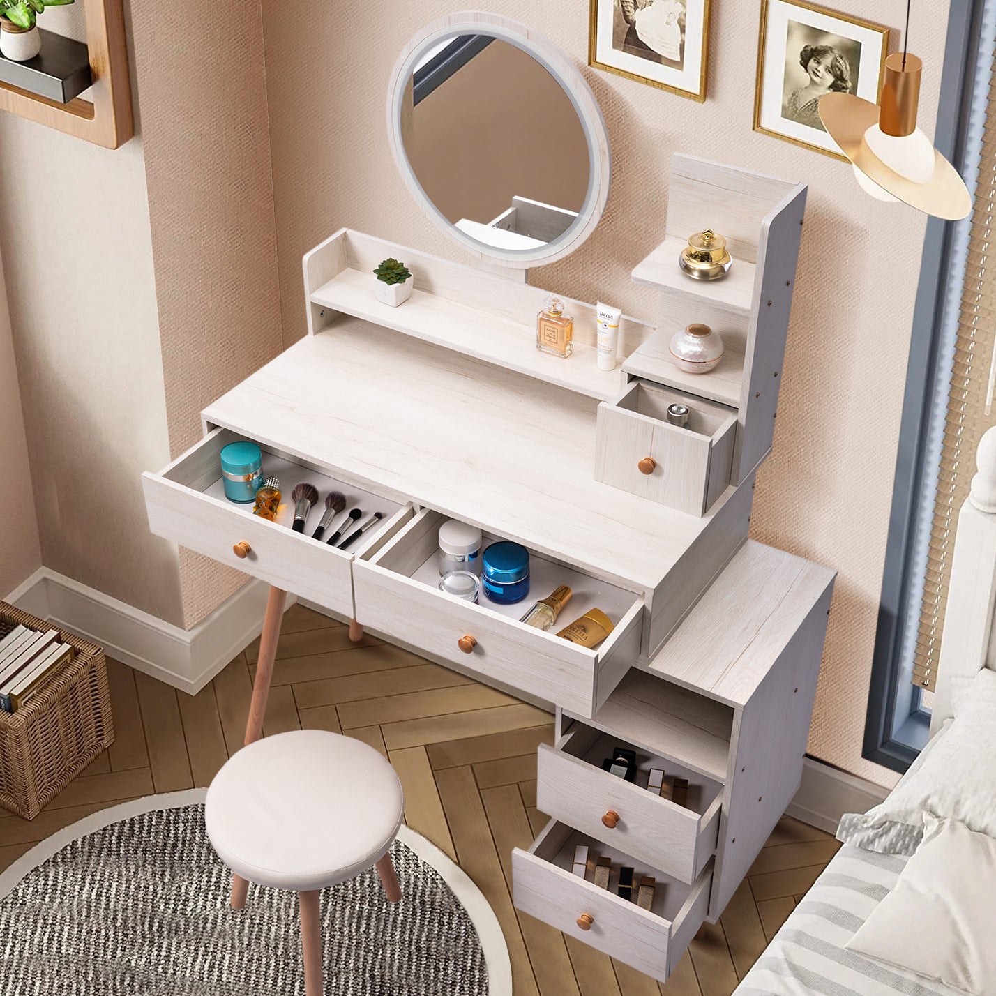 CRAZY ELF Stylish Vanity Table + Cushioned Stool, Touch Control LED Mirror, Large Capacity Storage Cabinet, 5 Drawers, Fashionable Makeup Furniture, Length Adjustable(L31.5"-43.2"x W15.8" x H48.1")