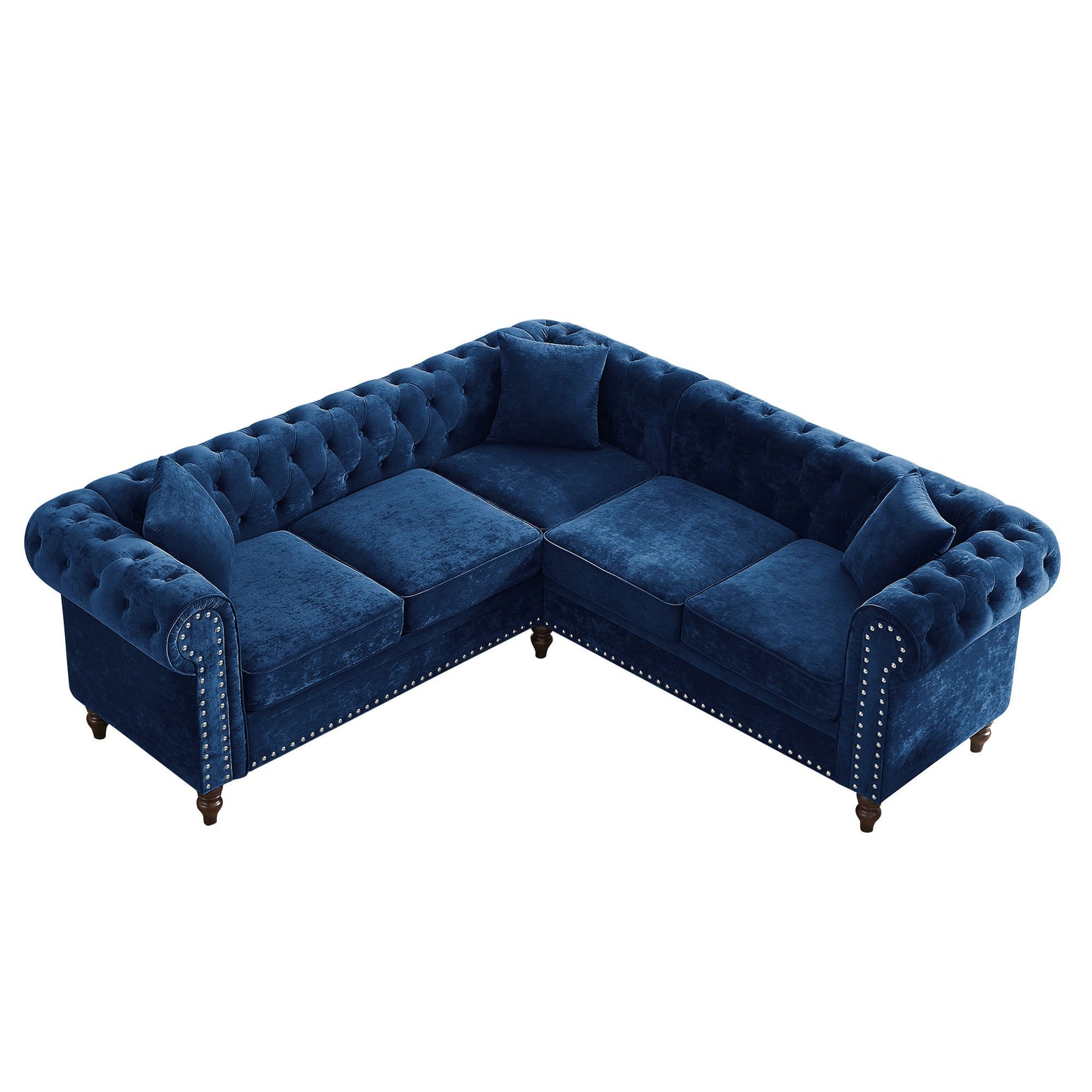 Luxurious Blue Velvet L-shaped Chesterfield Sofa with Deep Button Tufting