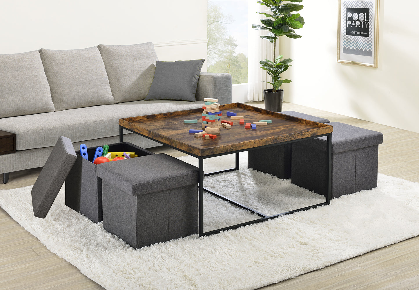 Vinny 5-Piece Weathered Oak Coffee Table Set with Storage Stools