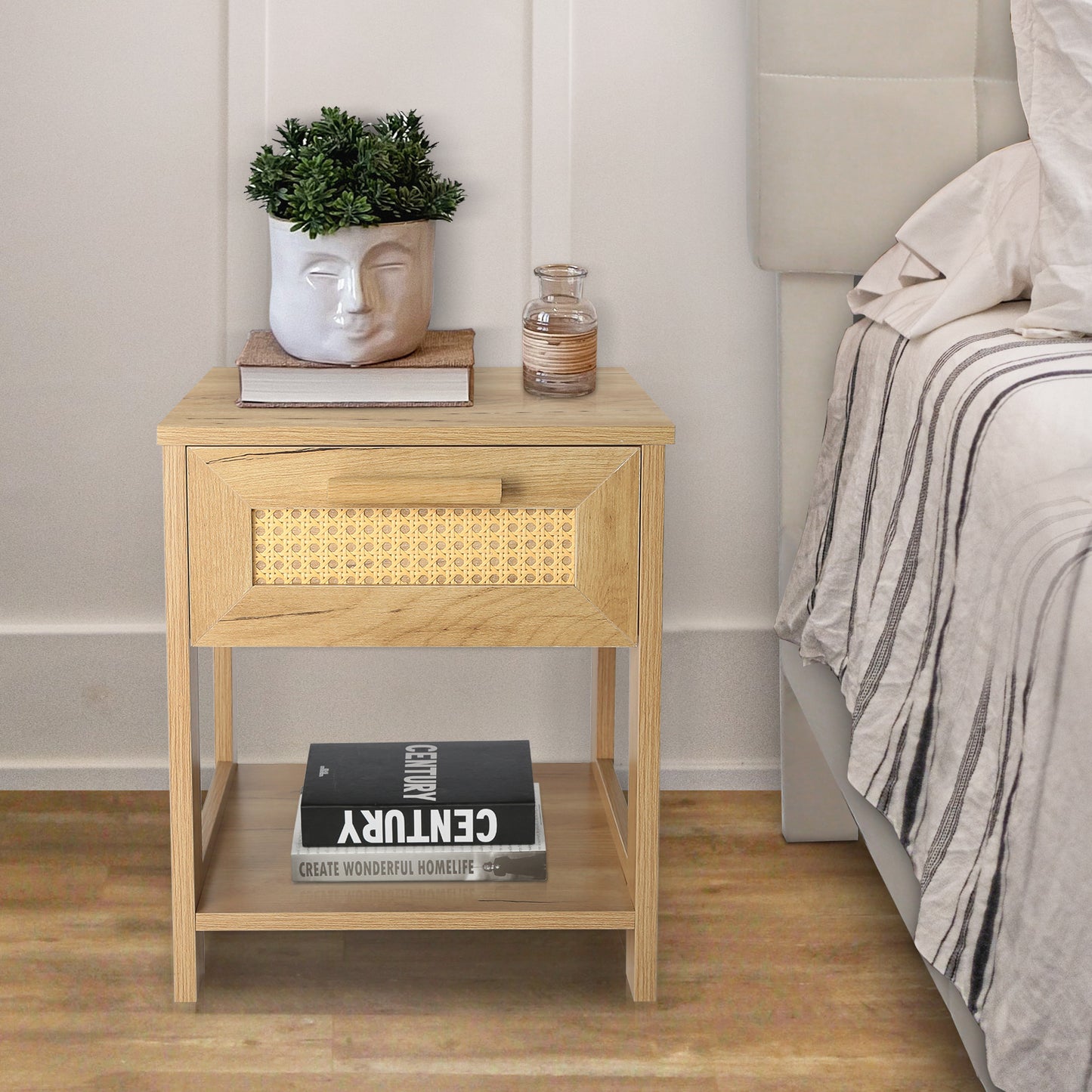 Nightstand Set of 2, 2 Drawer Dresser for Bedroom, Small Dresser with 2 Drawers and two open storage shelf, Bedside Furniture, Night Stand, End Table with rattan Design, Natural Color