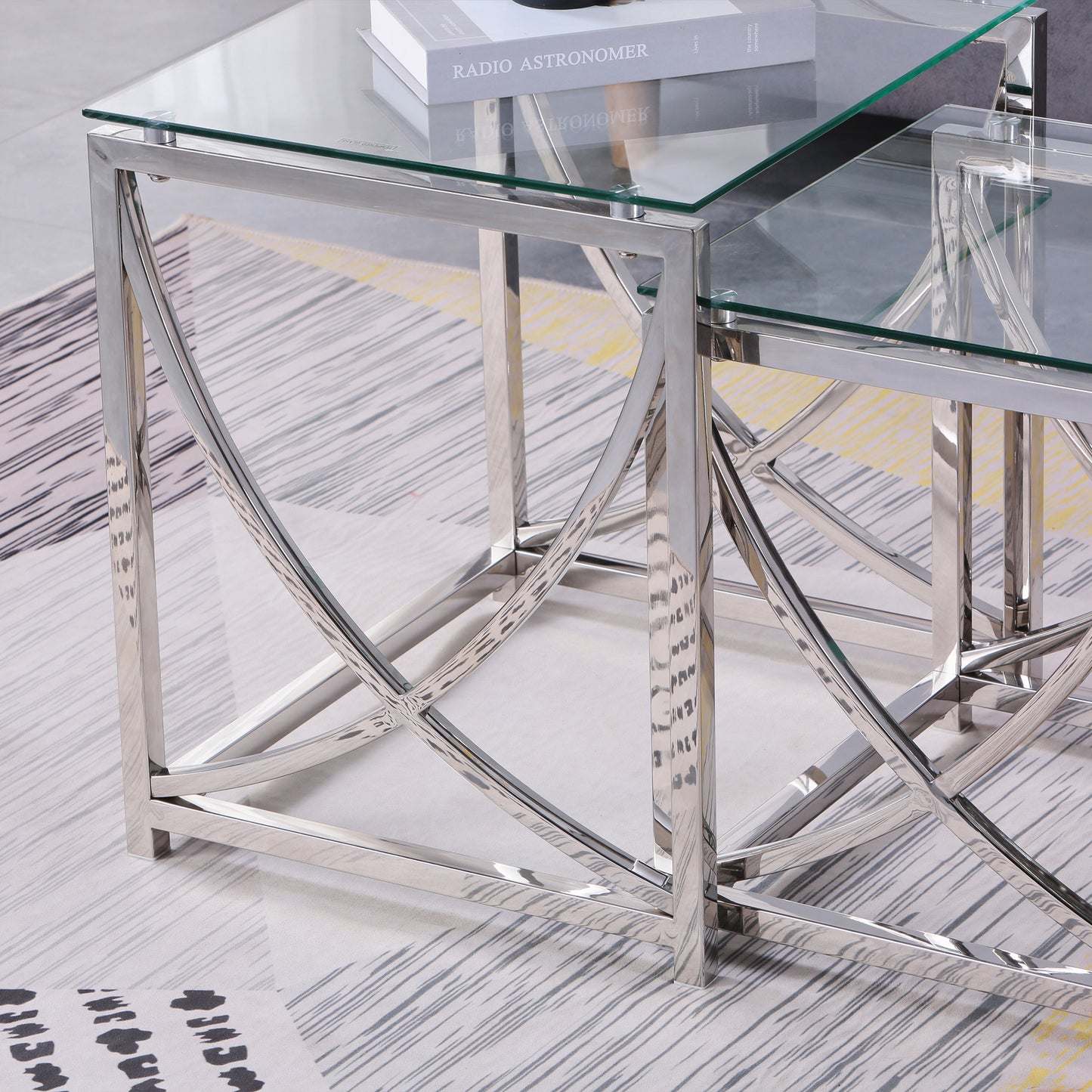 Contemporary Stainless Steel Glass Nesting Coffee Tables Set with Minimalist Curved Design