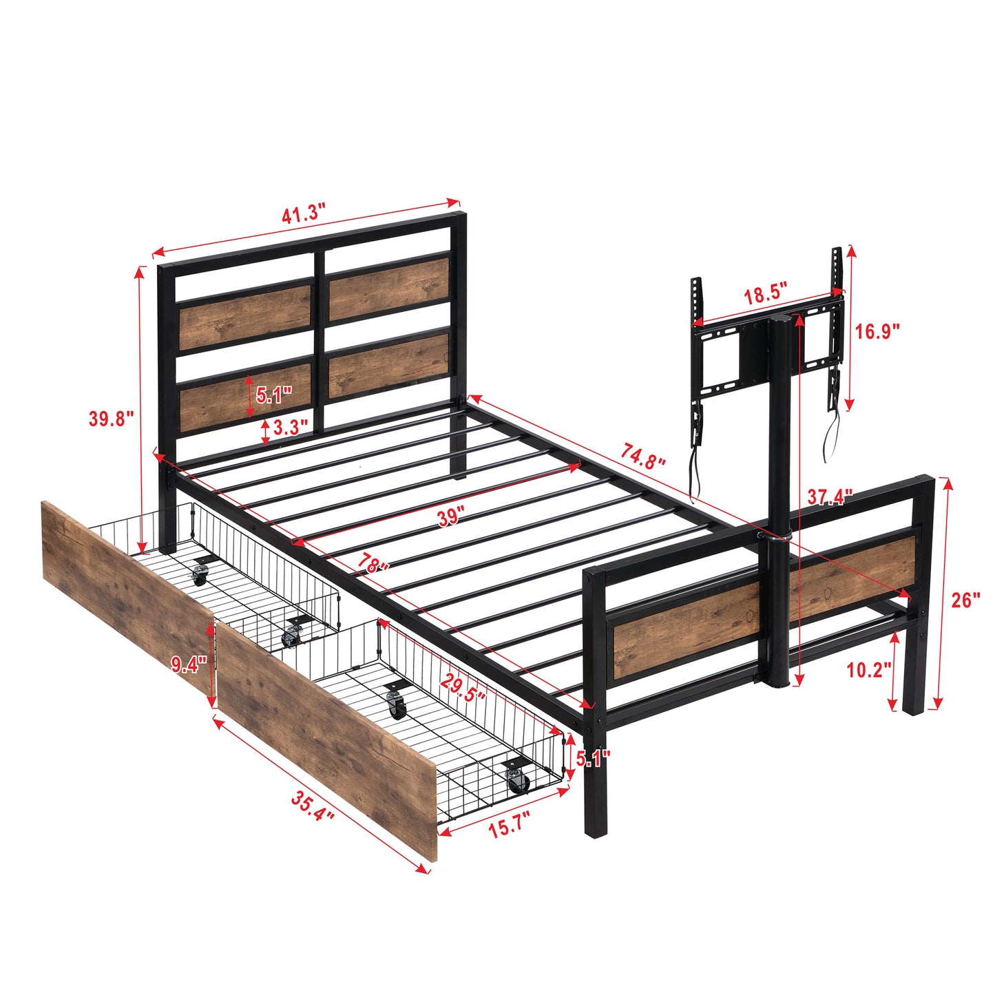 Twin Size Metal Platform Bed with MDF Headboard and Footboard,Two Storage Drawers and Rotatable TV Stand,Black - Modern Industrial Design Twin Bed with TV Stand and Storage