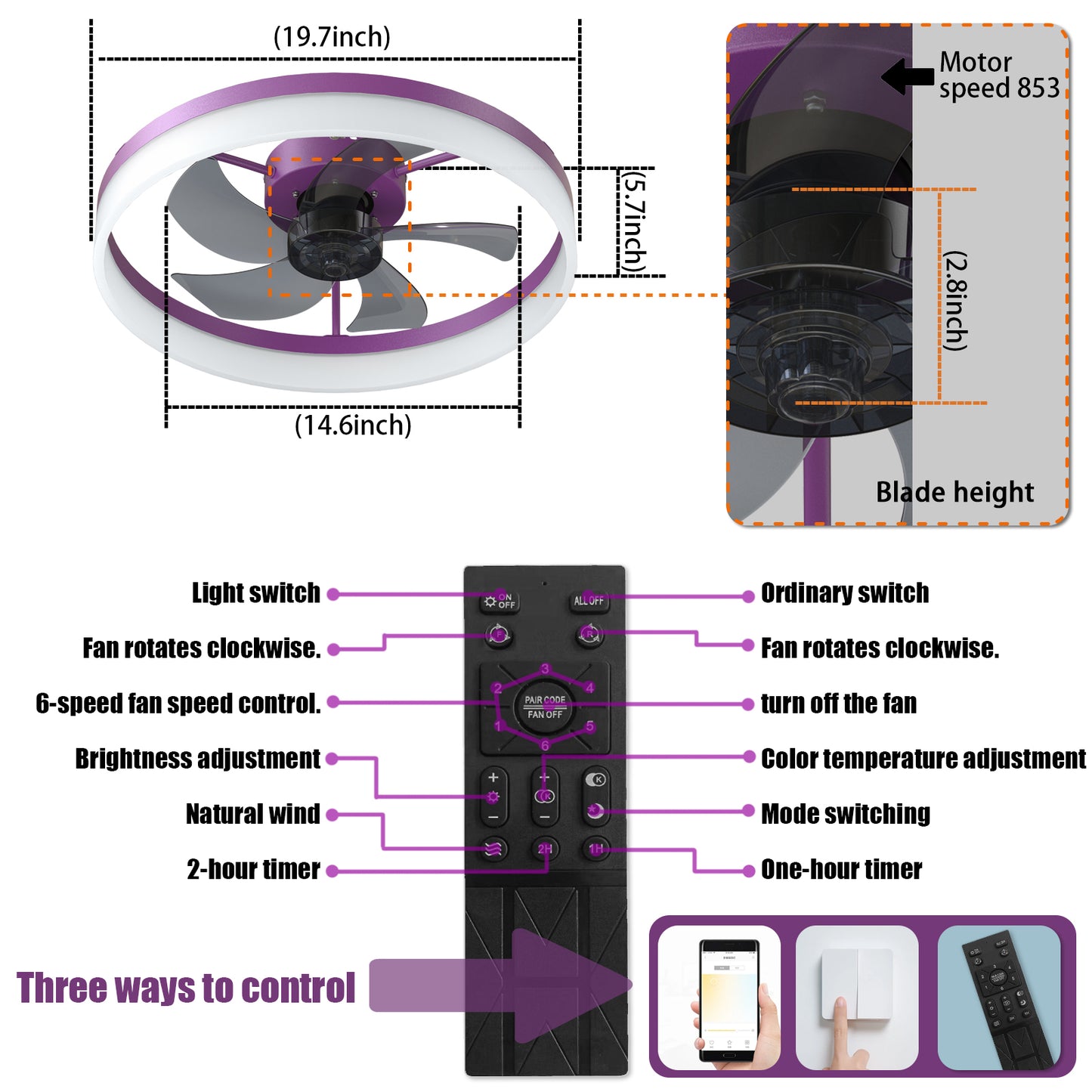 Purple Modern Ceiling Fan with Dimmable LED Lights