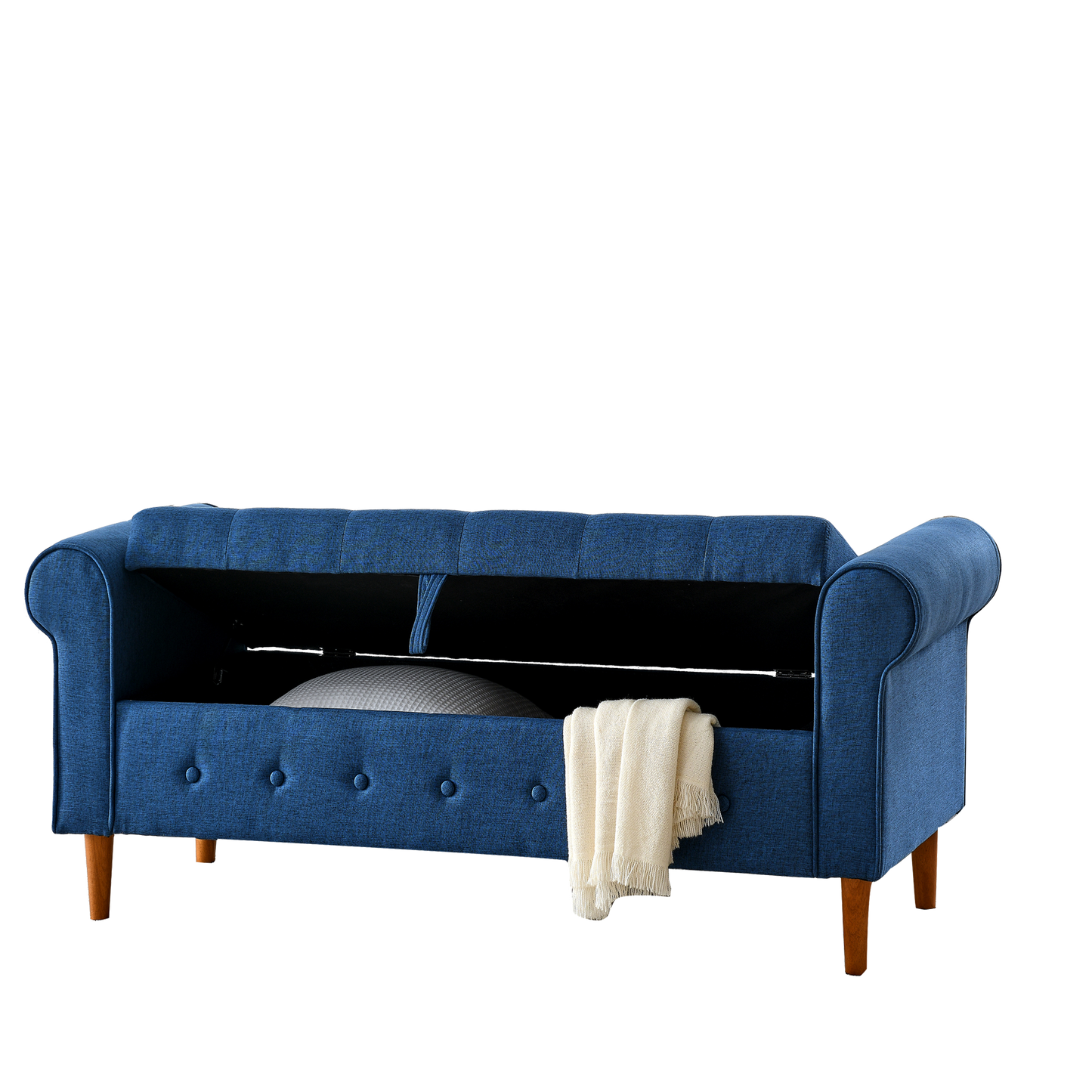 62" Bedroom Tufted Button Storage Bench, Linen Upholstered Ottoman, Window Bench, Rolled Arm Design for Bedroom, Living Room, Foyer (Blue)