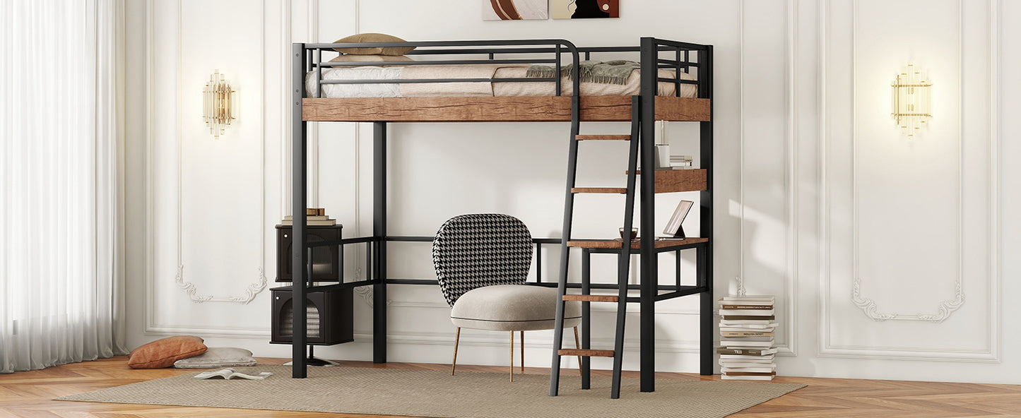 Metal Twin Size Loft Bed with Built-in Desk, Storage Shelf and Ladder, Black