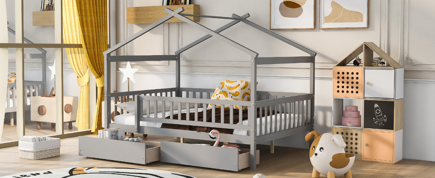 Full Size Wooden House Bed with Two Drawers,Gray