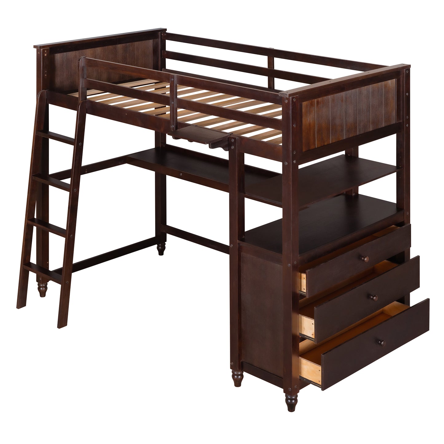 Twin size Loft Bed with Drawers and Desk, Wooden Loft Bed with Shelves - Espresso(: LT001530AAP)