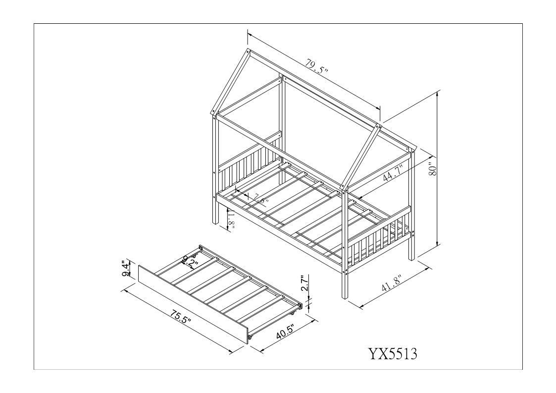 Solid Wood Twin House Bed Frame with Twin Size Trundle For Warm Pink Color, No Box Spring Needed