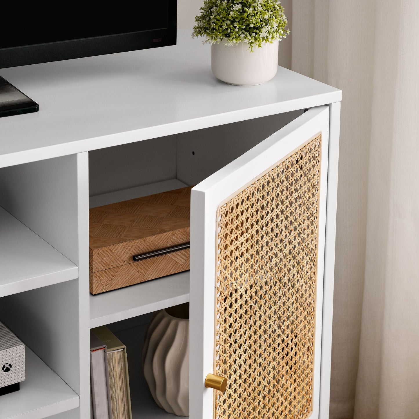 47 Inch White Rattan TV Stand with Adjustable Shelves and Metal Legs