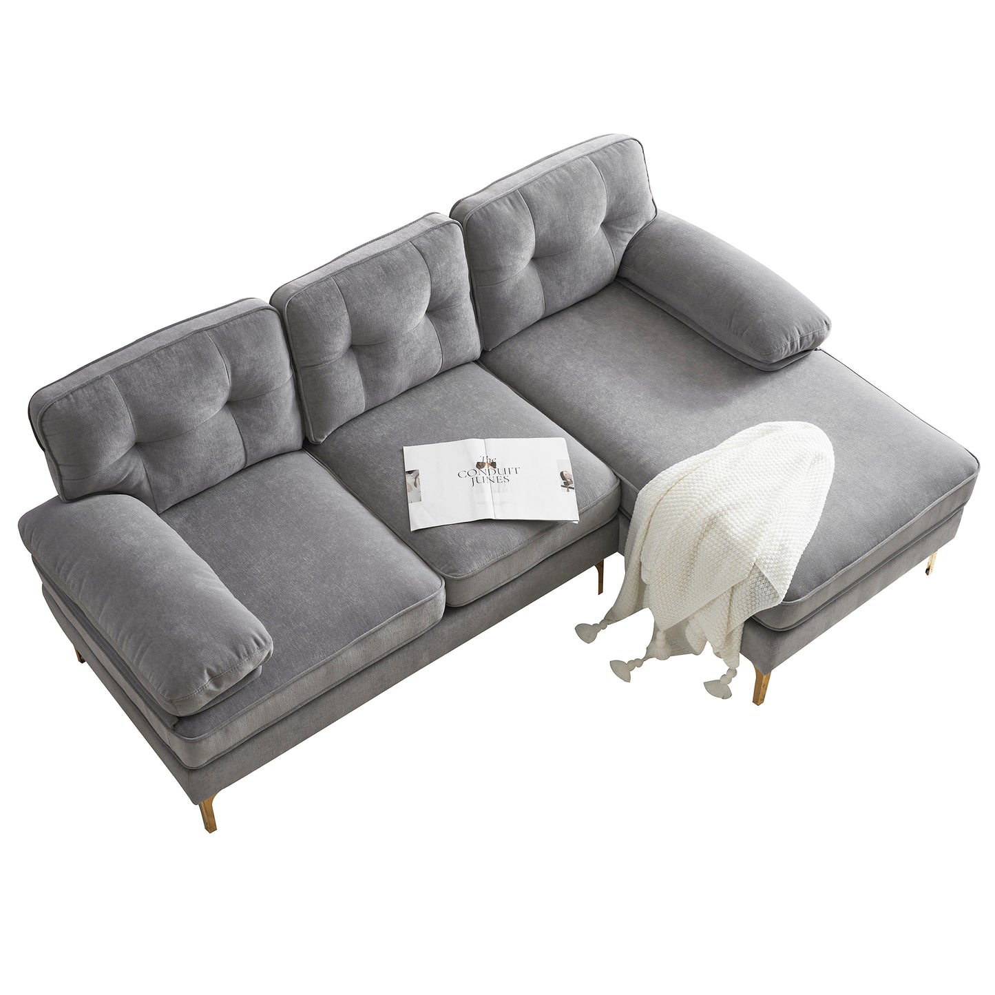 Modern Velvet L-Shaped Sectional Sofa in Light Grey