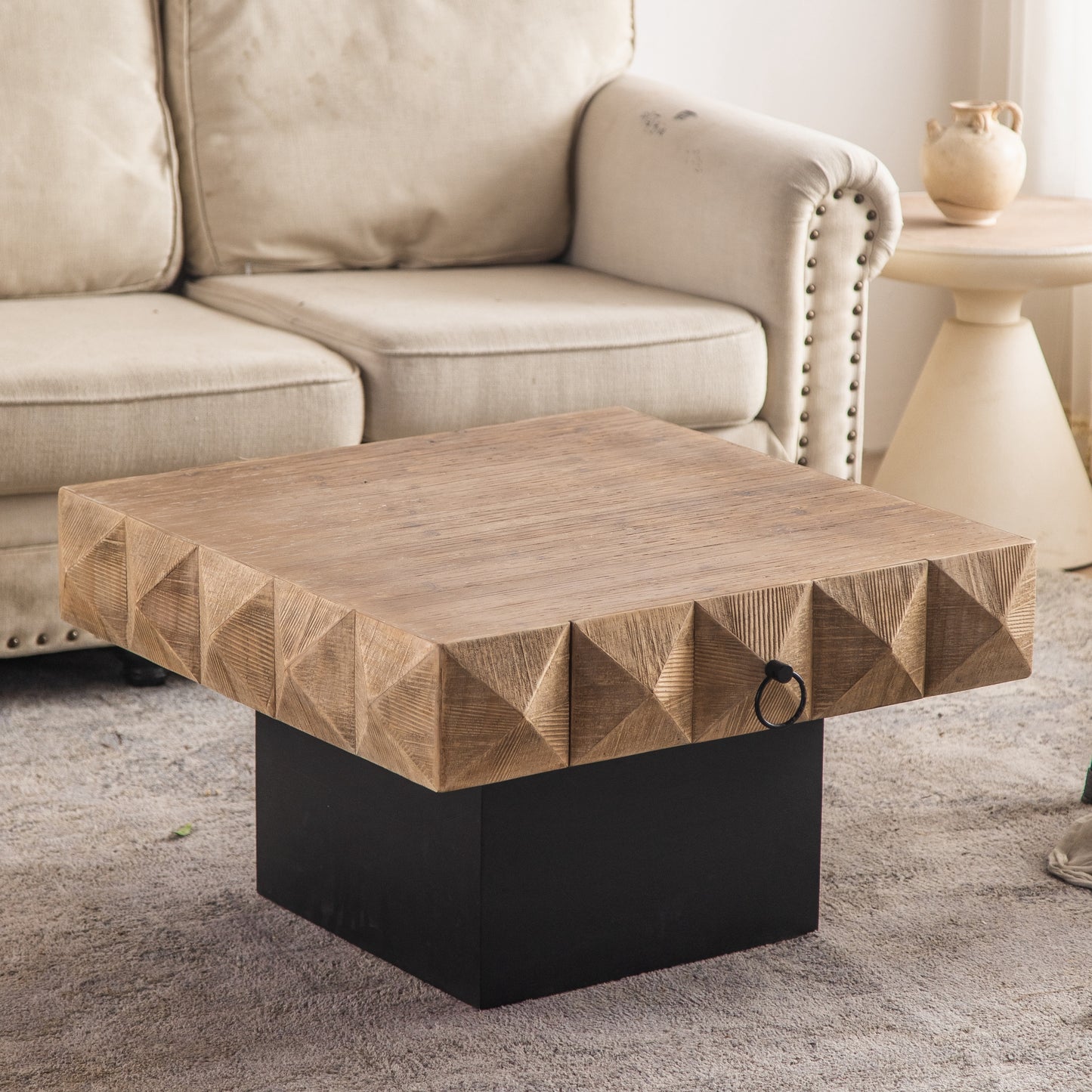 Square Vintage Coffee Table with 3D Embossed Pattern, Drawers, and Solid Wood Base