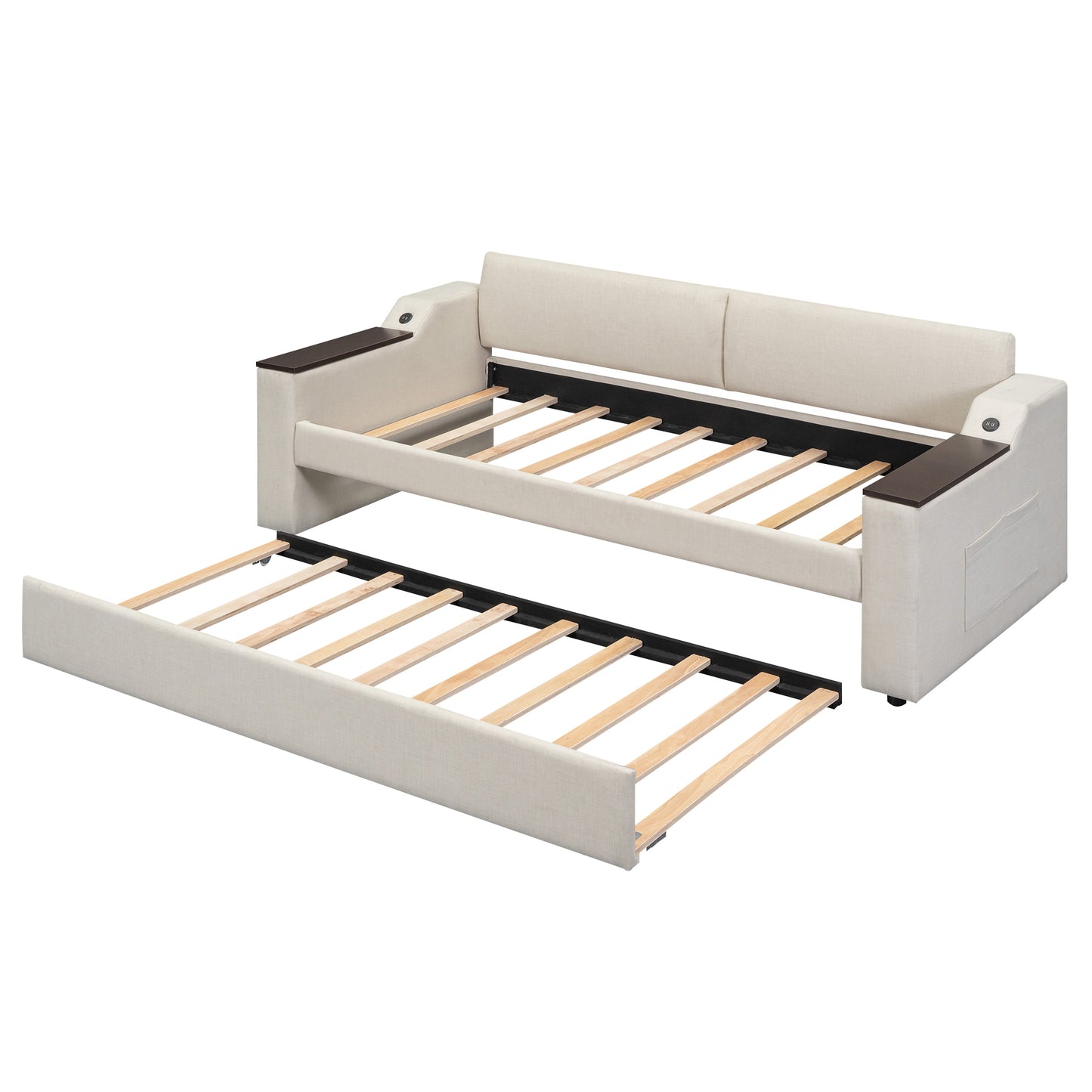 Twin Size Upholstery Daybed with Storage Arms, Trundle and USB Design, Beige