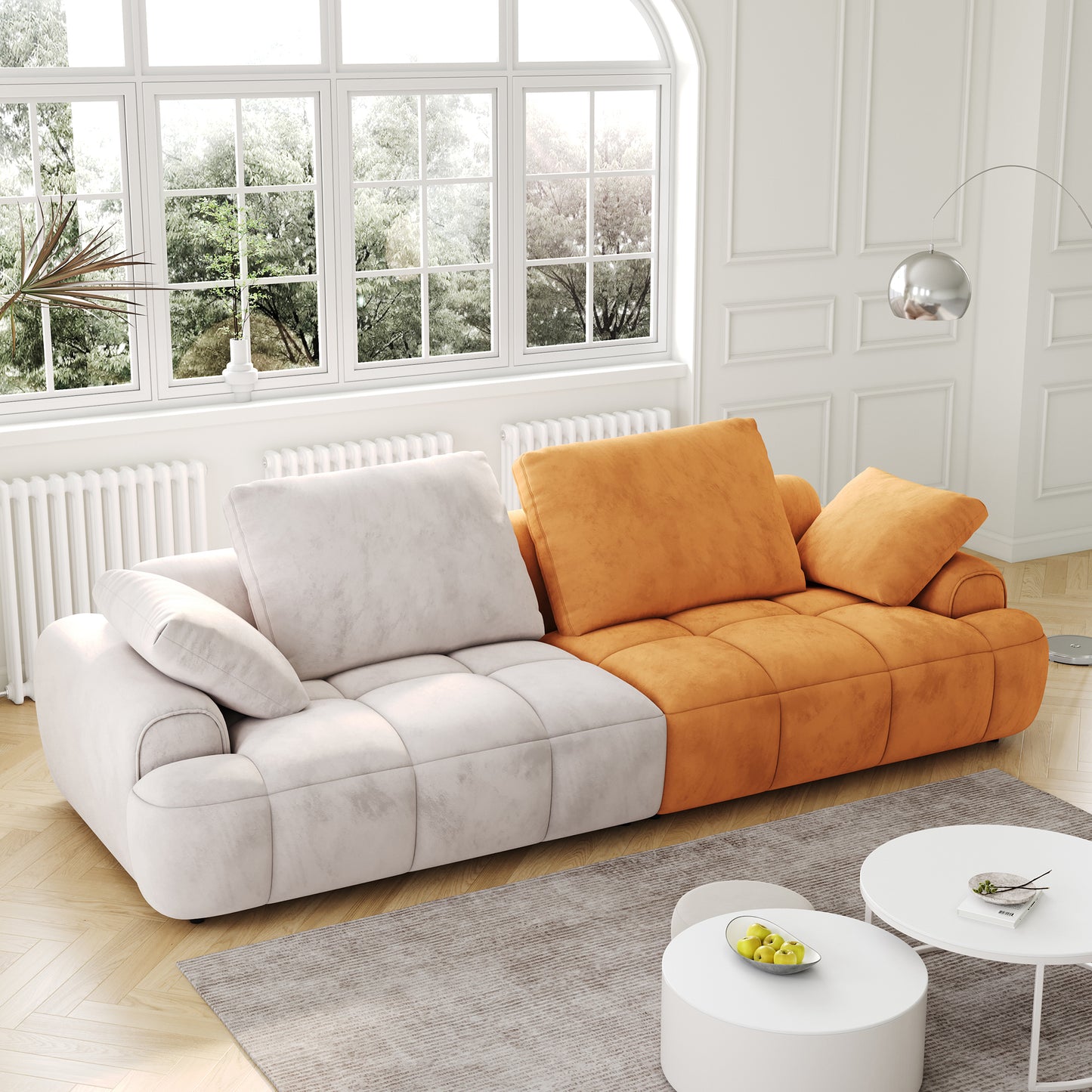 86.6″ Modern Beige and Yellow Upholstered Sofa with Two-Seat Capacity