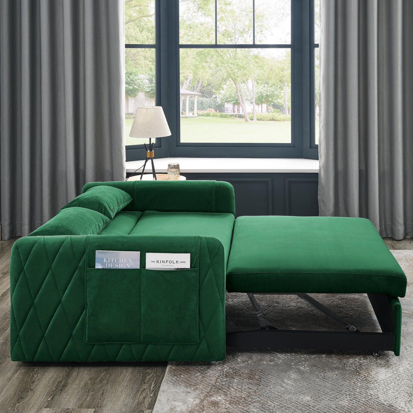 Modern 55 Velvet Convertible Sofa Bed with Adjustable Backrest and Arm Pockets