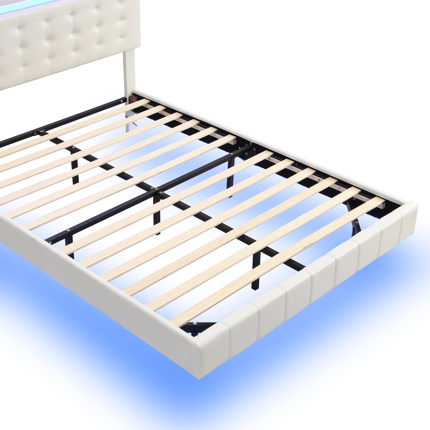 Full Size Floating Bed Frame with LED Lights and USB Charging,Modern Upholstered Platform LED Bed Frame,White(Full)