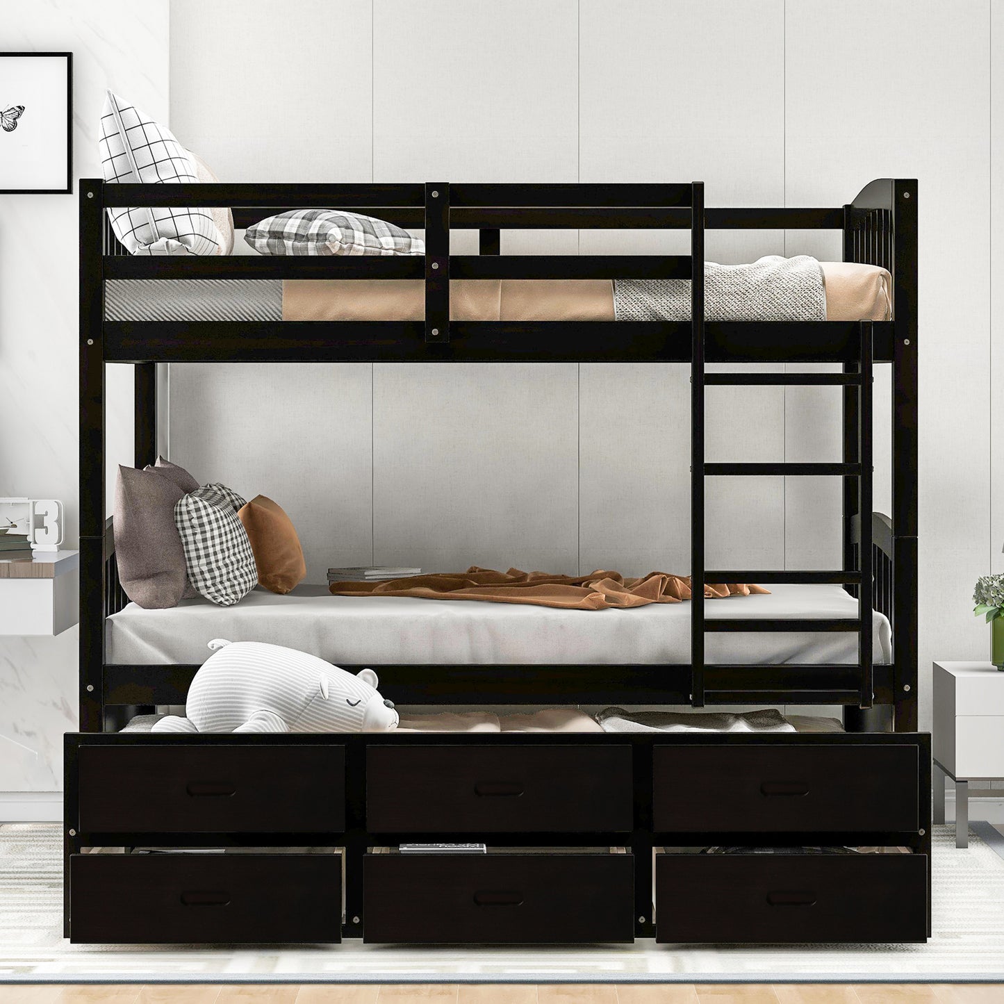 Espresso Twin Wood Bunk Bed with Trundle, Drawers, and Staircase