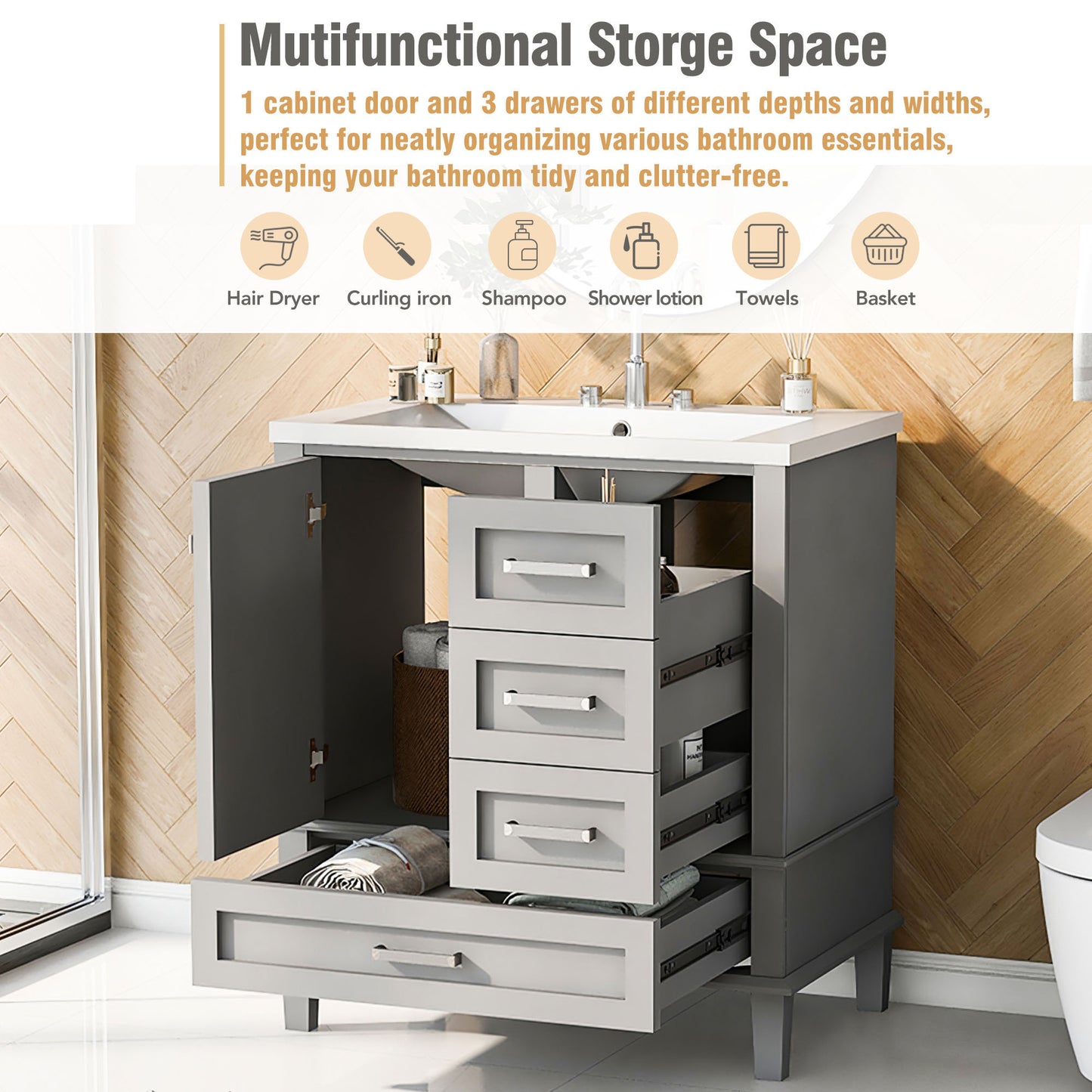 30" Bathroom Vanity , Modern Bathroom Cabinet with Sink Combo Set, Bathroom Storage Cabinet with a Soft Closing Door and 3 Drawers, Solid Wood Frame(Grey)