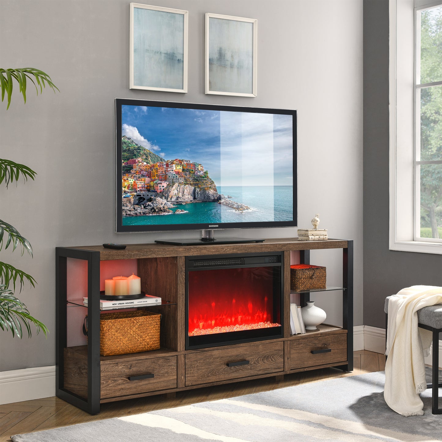 60 inch Electric Fireplace TV Stand With Multi-Color LED Lights - Reclaimed Barnwood Color