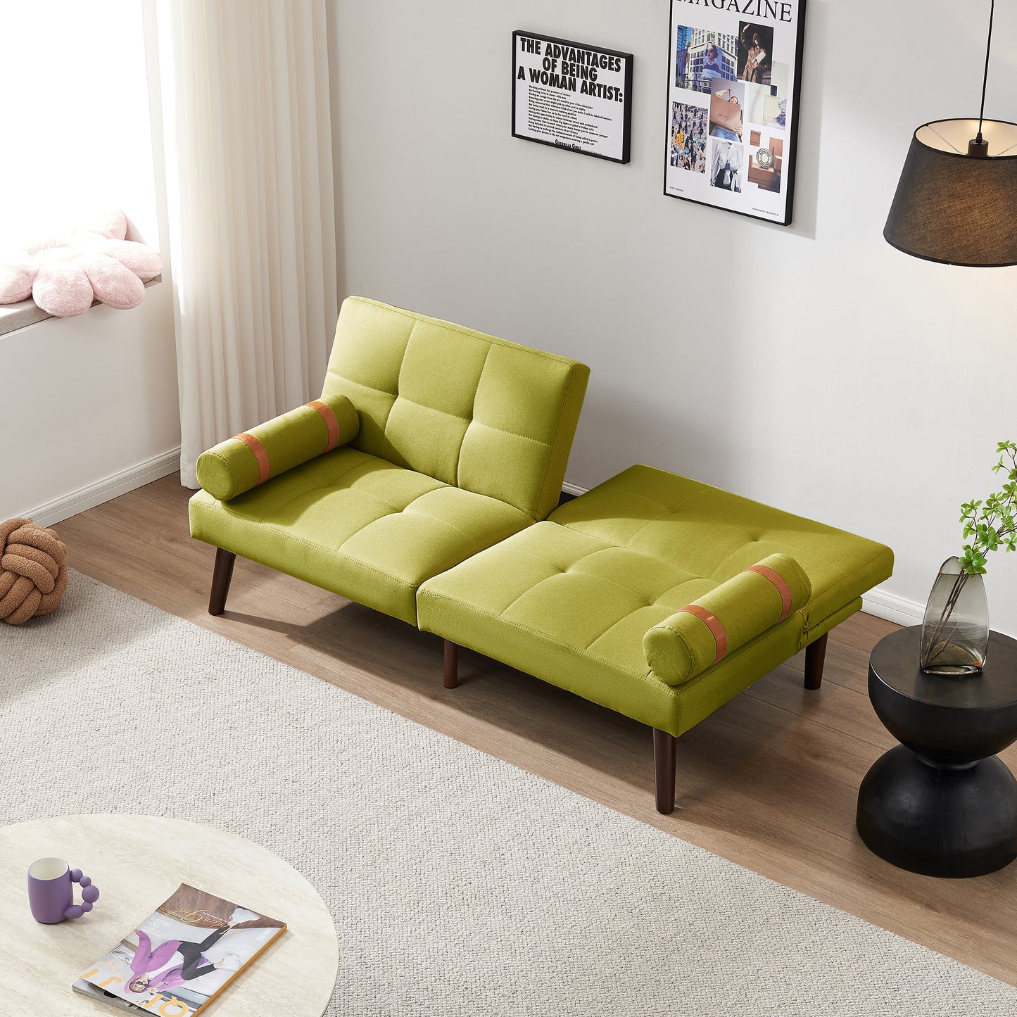 Convertible Sofa Bed Futon with Solid Wood Legs Linen Fabric Musterd Green