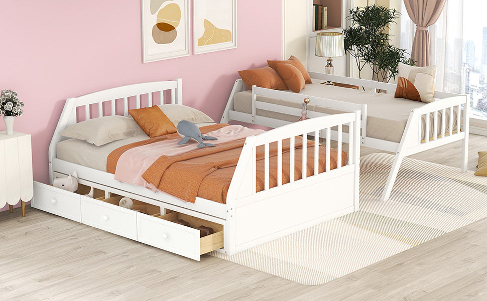 White Bunk Bed with Drawers, Ladder, and Storage Staircase for Twin and Full Sizes