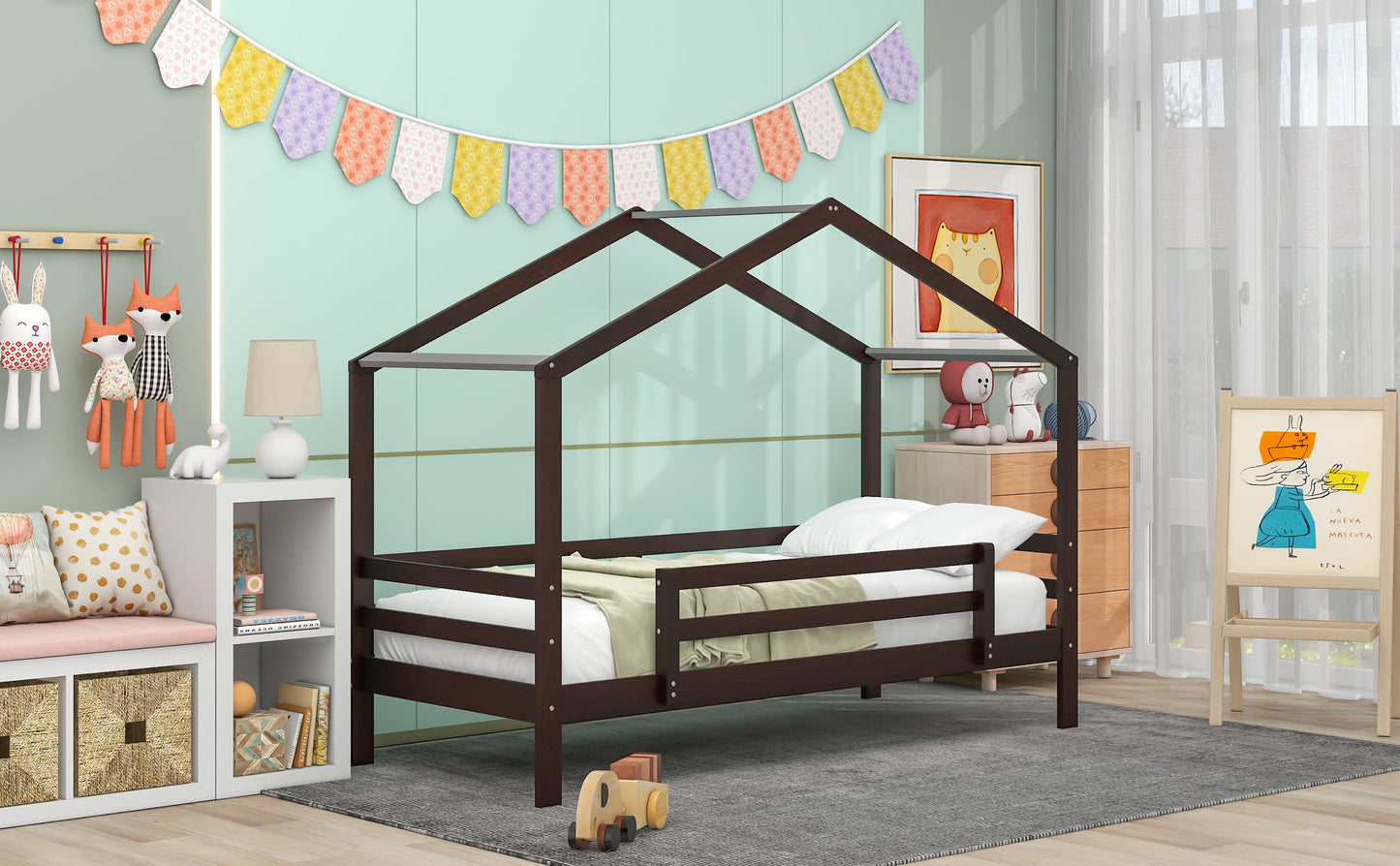 Adventurous Twin Bunk Bed with Slide, Ladder, and Roof, Espresso