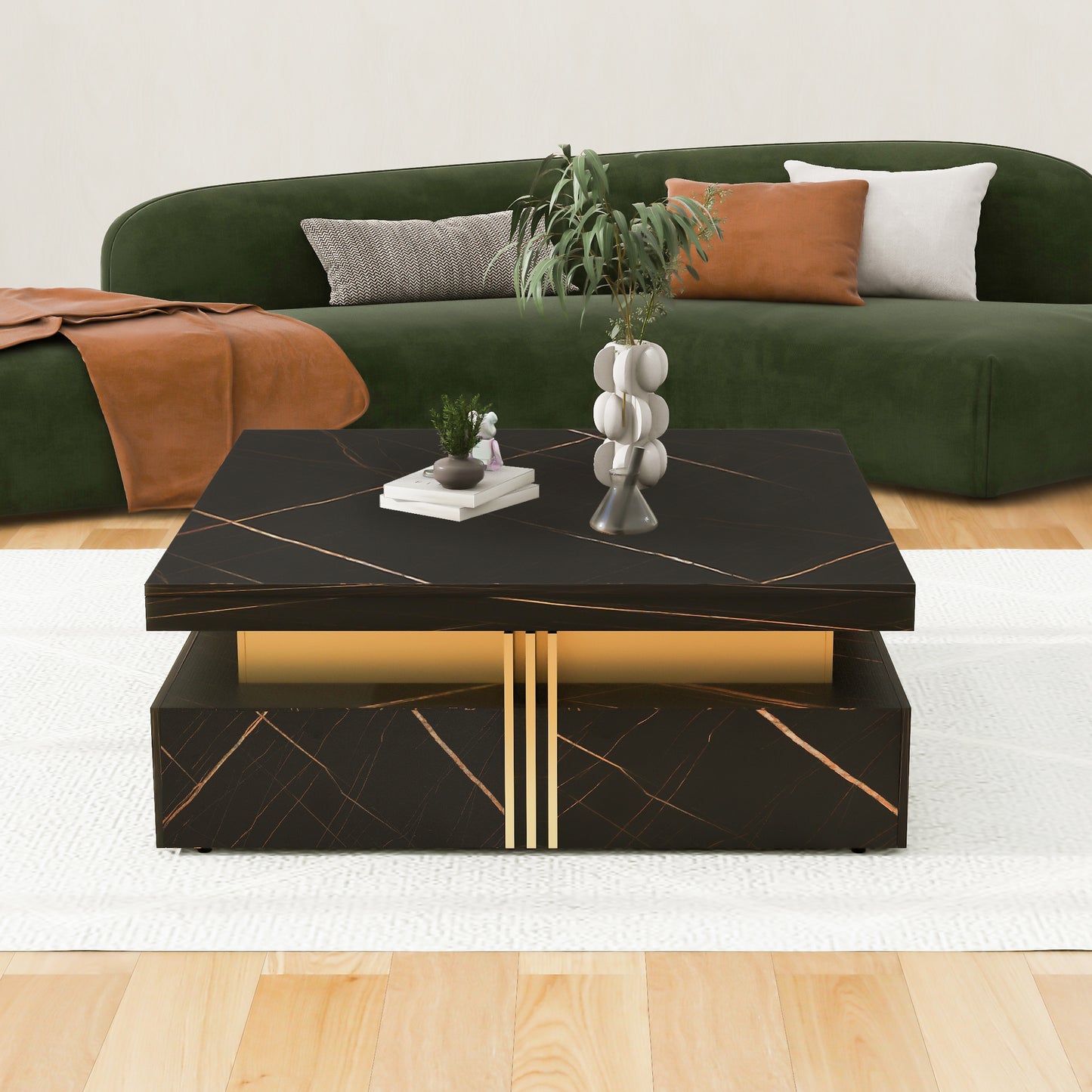 Contemporary Square Black Coffee Table with Gold Accents and Storage Drawers