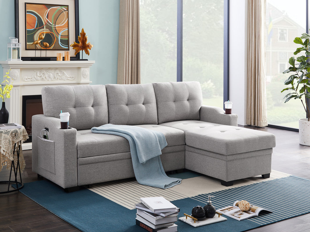 Mabel Light Grey Linen Fabric Sleeper Sectional with Cupholder, USB Charging Port, and Pocket for Modern Comfort.