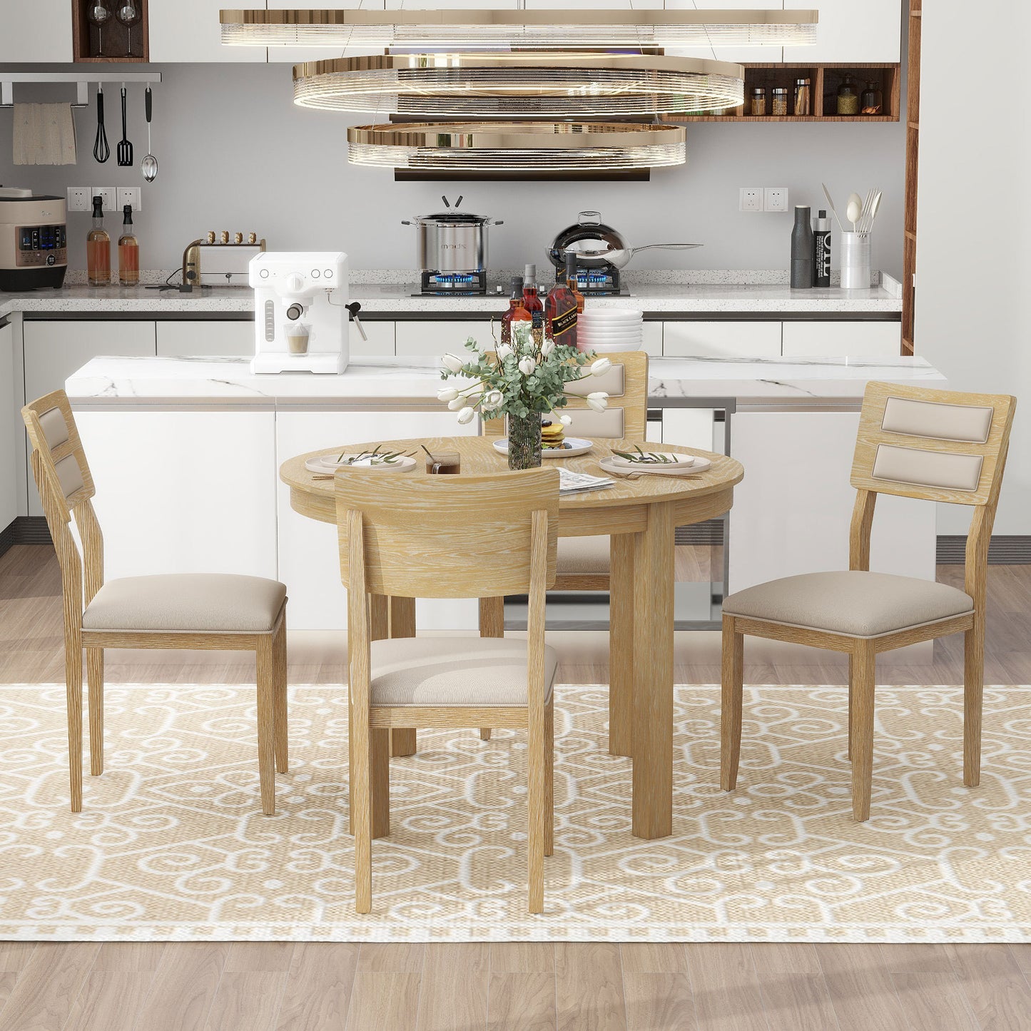 TREXM 5-Piece Multifunctional Dining Table Set, Farmhouse Dining Set with Extendable  Round Table ,Two Small Drawers and 4 Upholstered Dining Chairs for Kitchen and Dining Room (Natural Wood Wash)