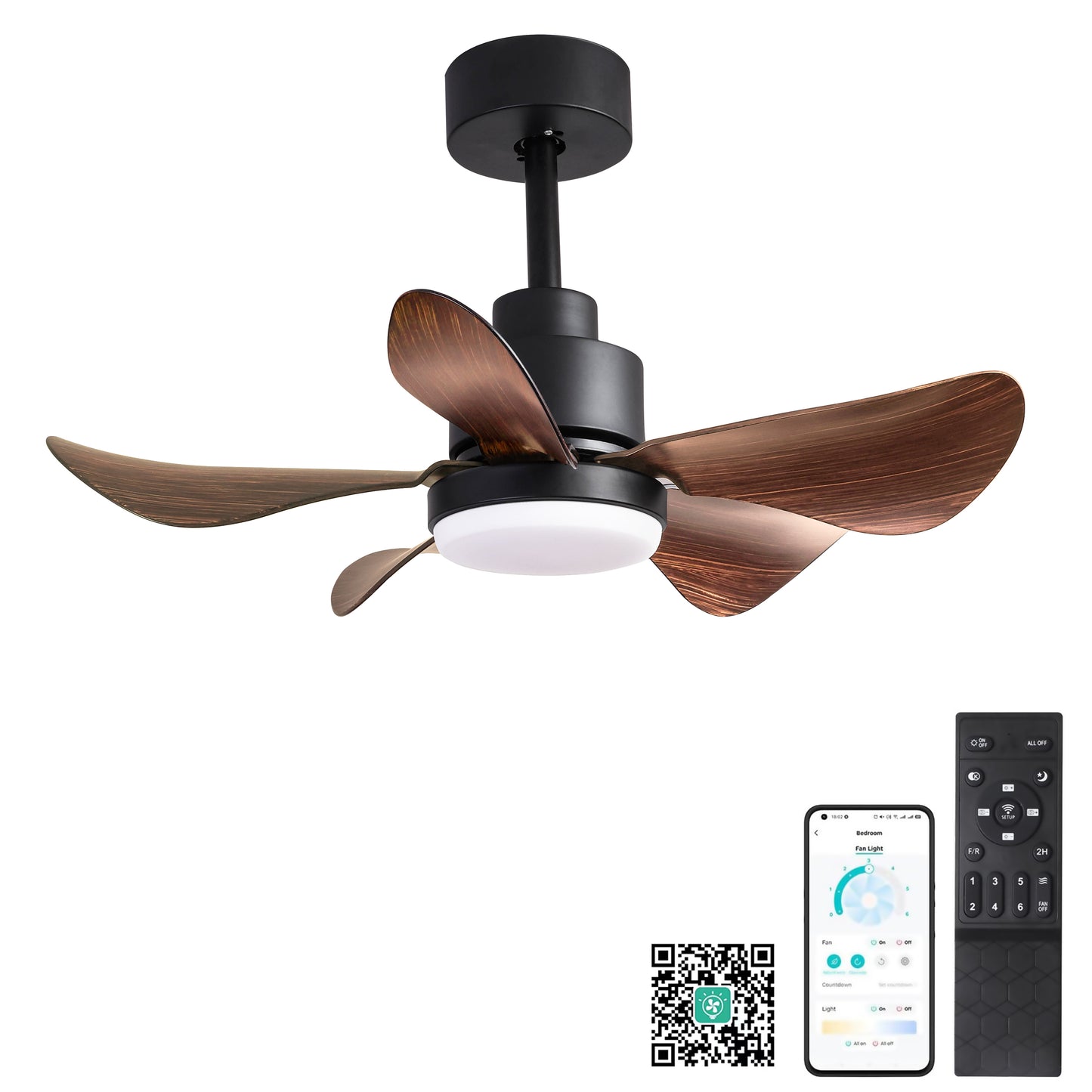 28 Inch Ceiling Fan with Lights Remote Control - Modern Black Walnut Design