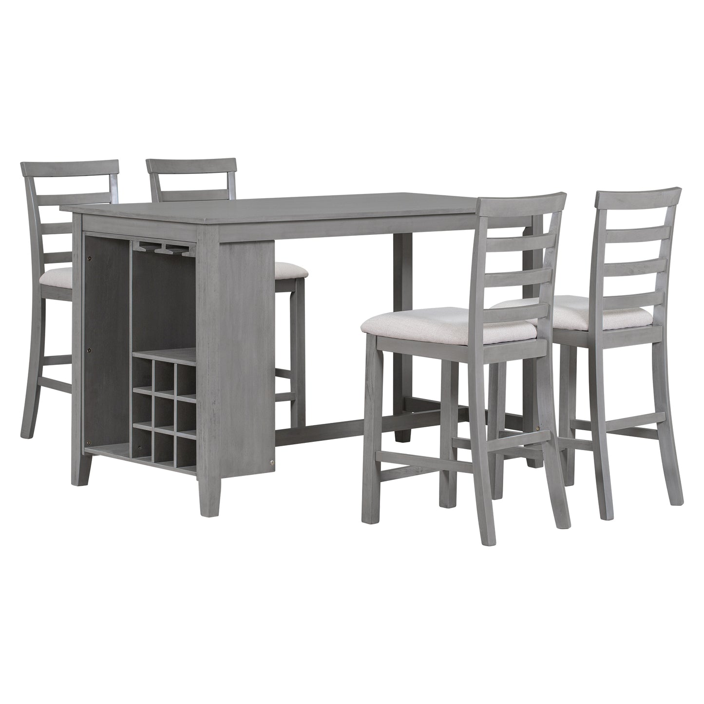 TREXM 5-Piece Multi-Functional Rubber Wood Counter Height Dining Set with Padded Chairs and Integrated 9 Bar Wine Compartment, Wineglass Holders for Dining Room (Gray)