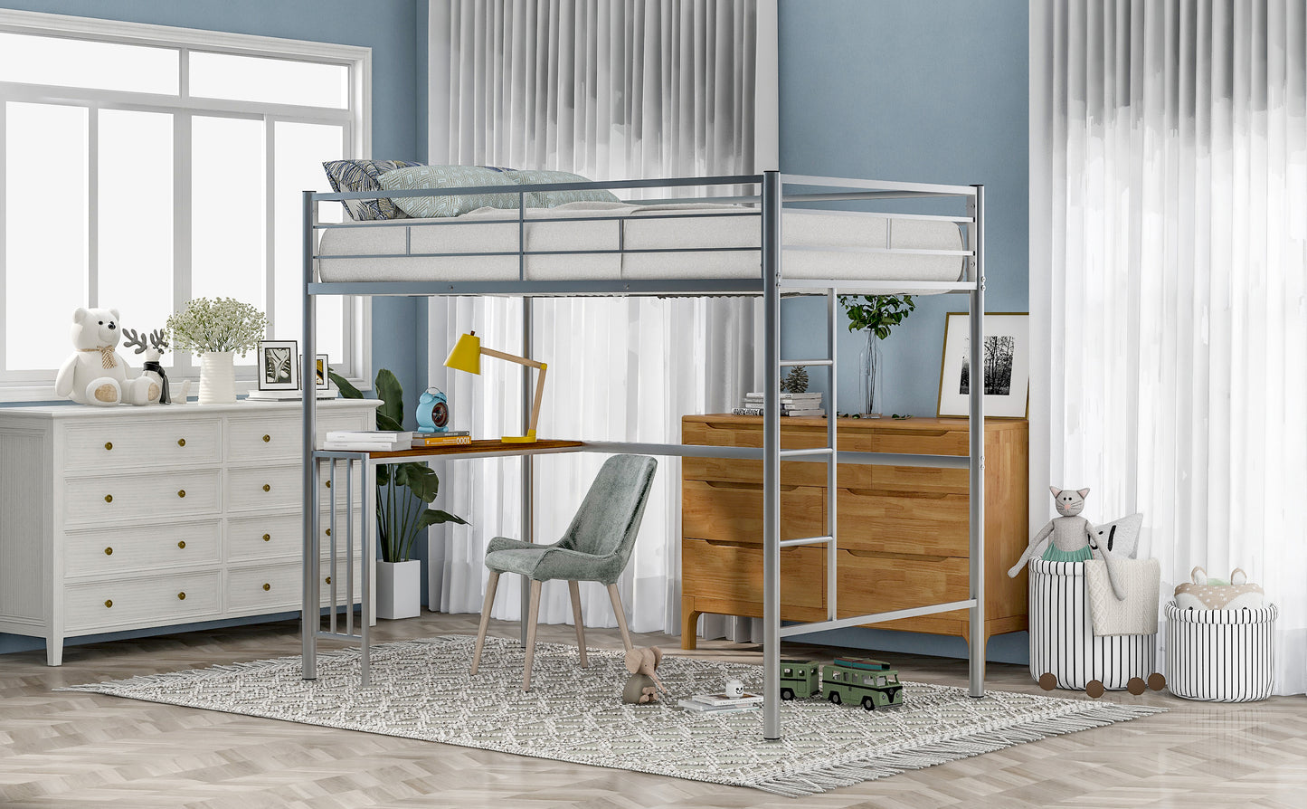 Metal Loft Bed with Built-in Desk, Ladder and Guardrails, Twin Bed for Small Bedrooms, Silver: MF195191AAN