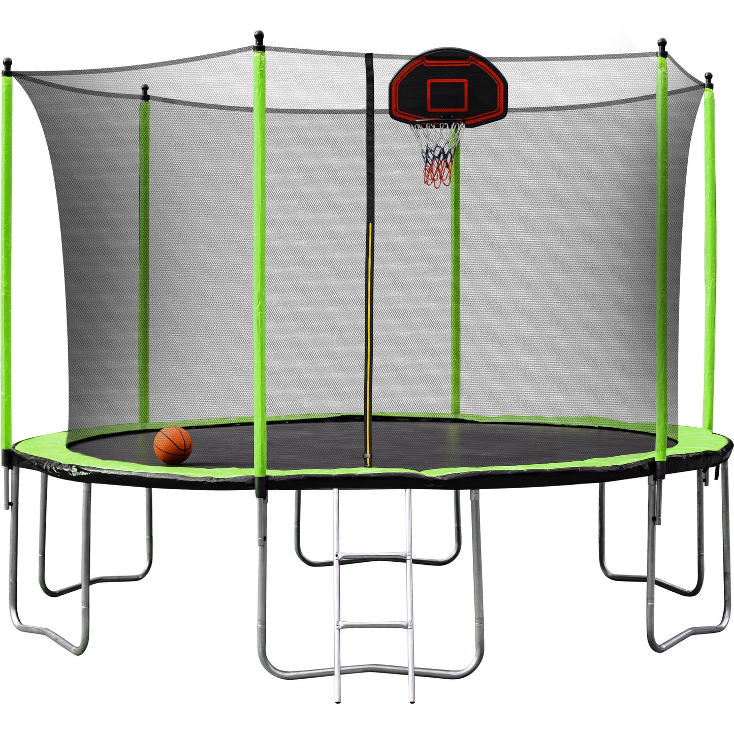 14FT  Trampoline with Basketball Hoop Inflator and Ladder(Inner Safety Enclosure) Green