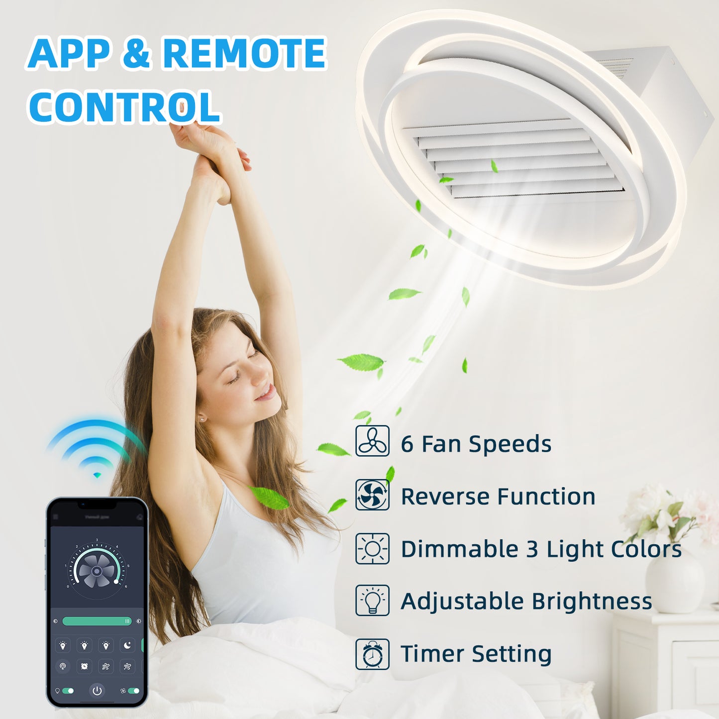 Bladeless Ceiling Fan with LED Lights Remote Control 6 Gear Wind Speed Dimmable