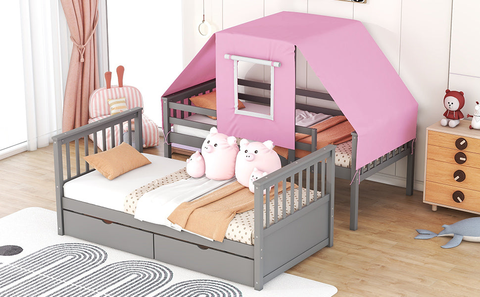 Gray and Pink Twin Over Twin Bunk Bed with Tent and Drawers for a Playful Bedroom Environment