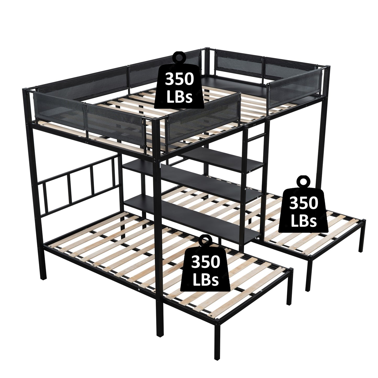 Metal Bunk Bed with Three Tiers Shelves